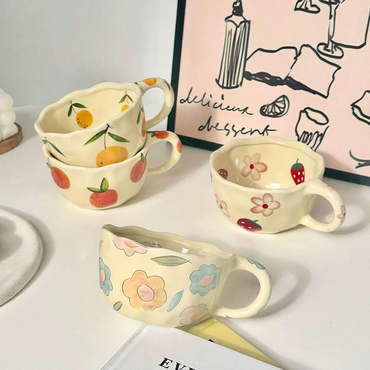 4 pcs Ceramic Coffee Mug 8.5oz Cute Floral Coffee Mug Retro Floral Cup with Handle Spoon Irregular Latte Art Cup Valentine's Day Gift Office Home Dishwasher and Microwave Safe (4-piece set A)