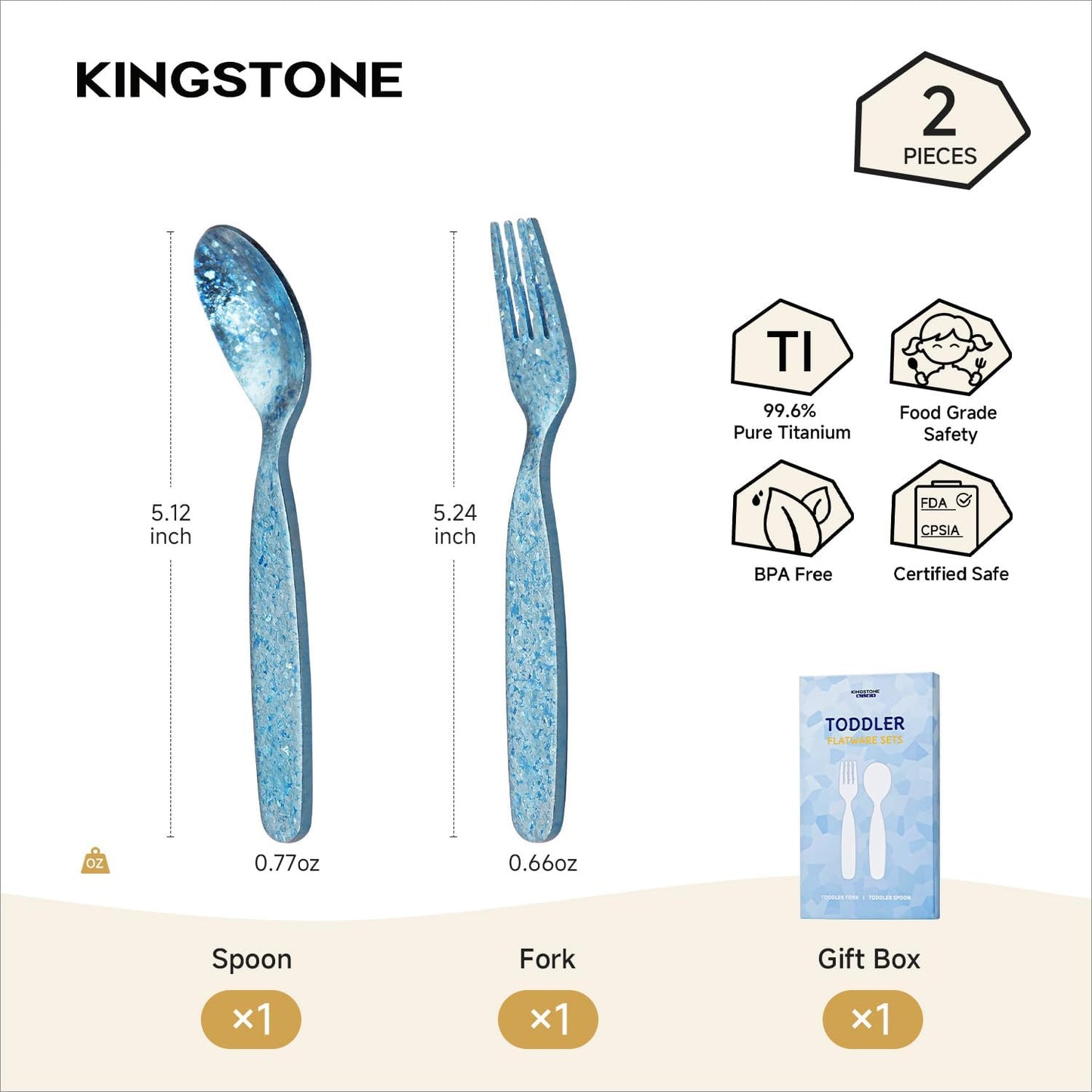KINGSTONE Toddler Utensils Set, Pure Titanium 2-Piece Fork & Spoon Gift Set, Lightweight Kids Silverware for Self-Feeding Training, Easy Grip, BPA-Free, Dishwasher-Safe, Blue