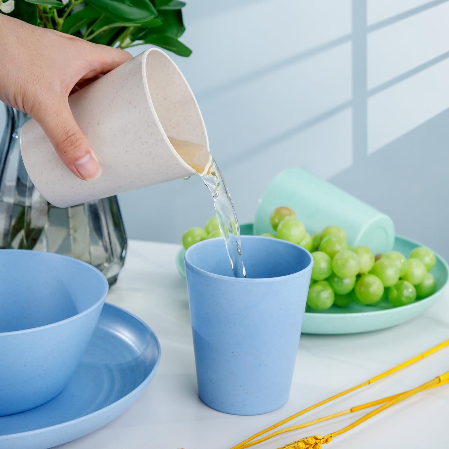LIYH 36 Pcs Wheat Straw Dinnerware Set for 12,Plastic Plates Reusable,Camping Plates and Bowls Set,Dishwasher Safe Dinnerware,Unbreakable Plate Pink Green Blue Beige
