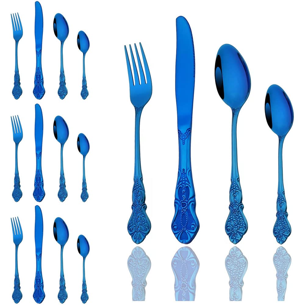 JASHII 24-Piece Blue Cutlery Set Silverware Set, Mirror Polished, Stainless Steel Flatware Cutlery Eating Utensils Service for 6, Unique Elegant Pattern, Dishwasher Safe (Blue)
