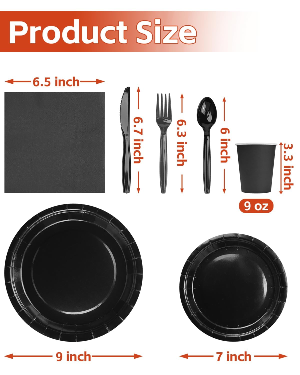 Lzerking Black Party Supplies Set 224 Pieces of Black Paper Plates, Cups, Napkins, and Heavy Duty Plastic Spoons Forks Knives for 32 Guests for Birthday, Graduation, Wedding, Festivals