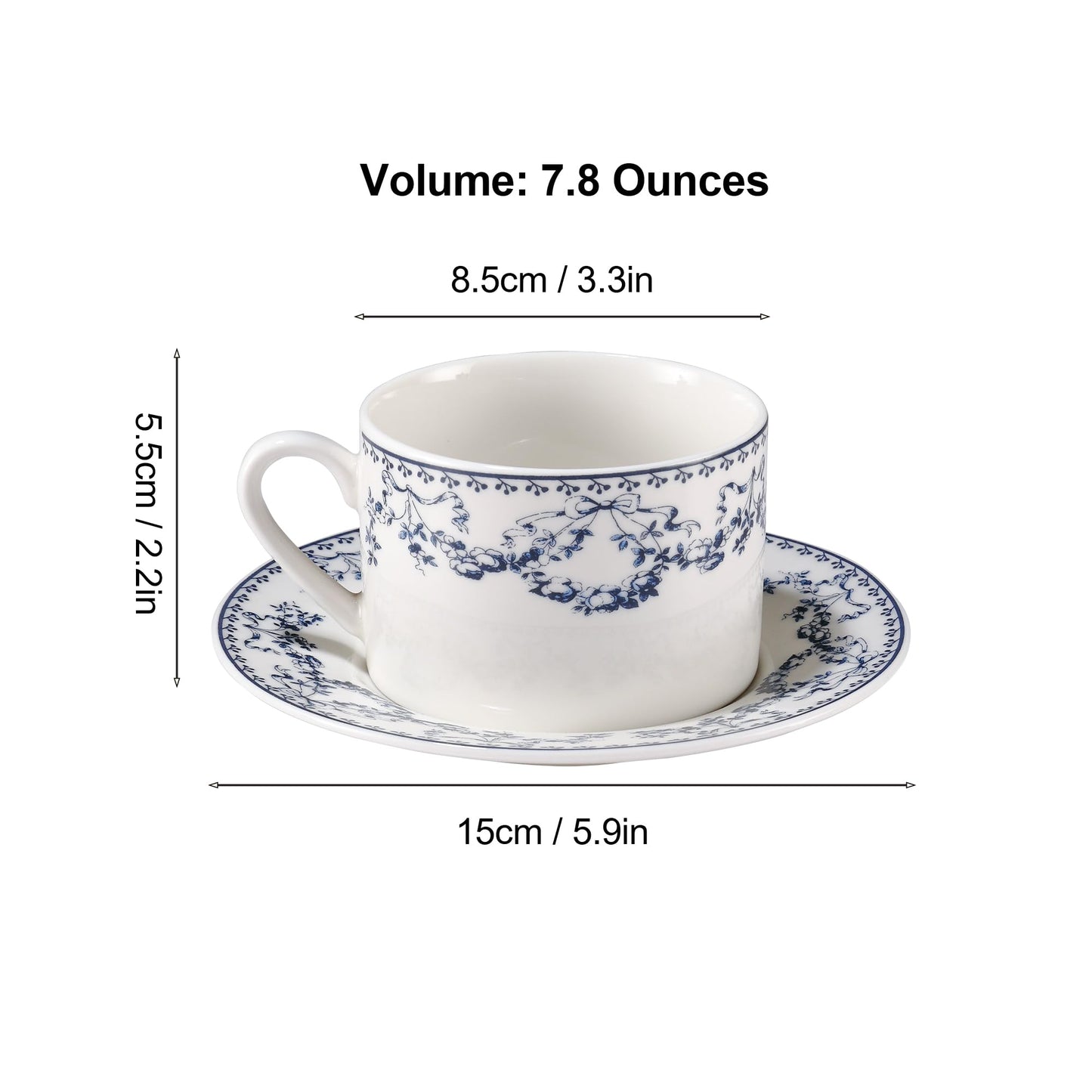 fanquare 8 oz Blue Floral Coffee Cup and Saucer Set, Hand-Printed Bow Flower Procelain Tea Cups for Espresso Latte Cappuccino Home Tea Party Gifting
