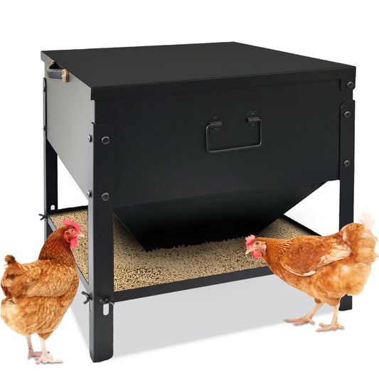 DOLEMODUO Metal Chicken Feeder No Waste, Large Capacity Poultry Feeder, Adjustable Galvanized Steel Chicken Coop Feeder with Lid and Handle