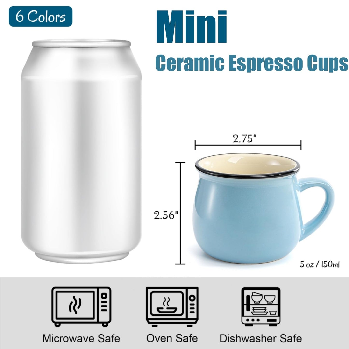 ELFULLY 5 Oz 6 Pcs Cute Coffee Mugs, Mini Ceramic Espresso Cups, Small Demitasse Mugs with Handle for Home Kitchen Coffee Bar, Ideal Birthday Holiday Gift for Microwave & Dishwasher Safe