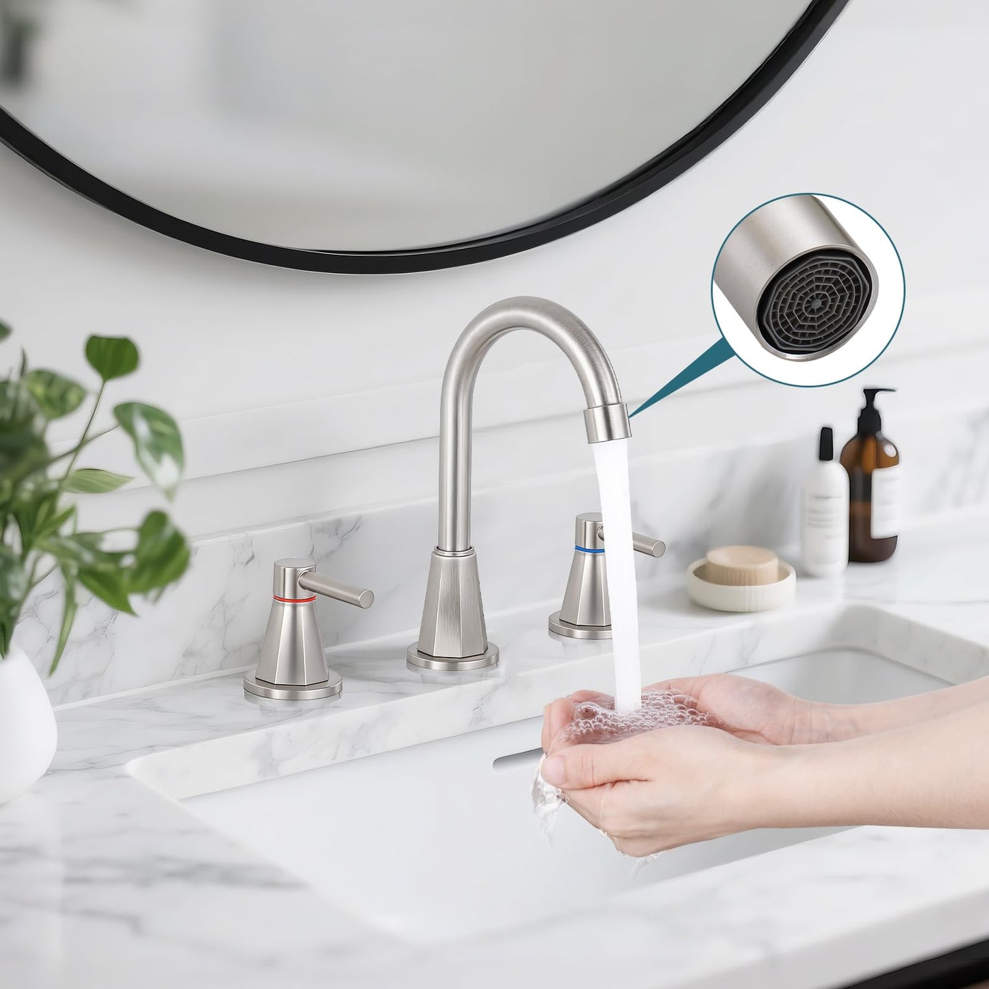 LUFG Bathroom Faucet 3 Hole, Brushed Nickel Bathroom Sink Faucet with 360°Swivel Spout, 8 inch Widespread 2 Handle Faucet for Bathroom Sink Vanity RV with Pop-up Drain Supply Line Stainless Steel