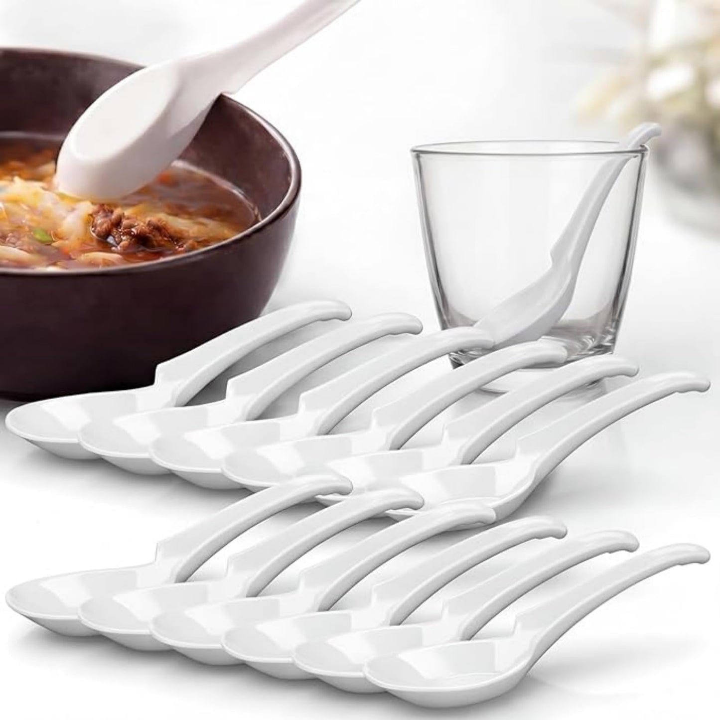 Hushee 12 Pack White Asian Soup Spoons Chinese Won Ton Soup Spoon for Soba, Pho Noodles, Ramen, Asian Noodles, Dishwasher Safe Certified Melamine 6.25 Inch