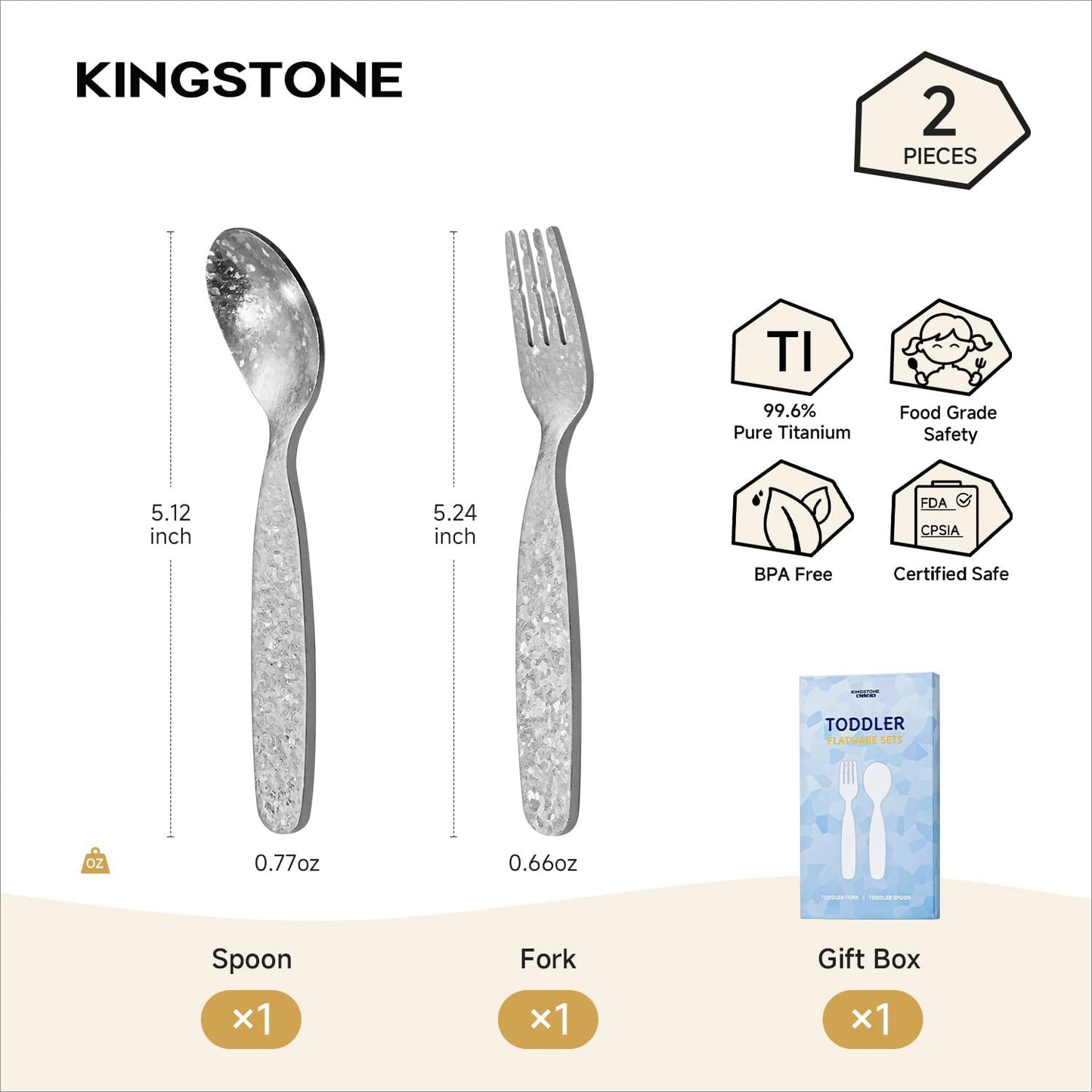 KINGSTONE Pure Titanium Toddler Utensils Set, 2-Piece Fork & Spoon Gift Set, Lightweight Kids Silverware for Self-Feeding Training, Easy Grip, BPA-Free, Dishwasher-Safe, Silver