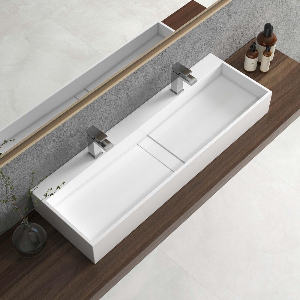 Weibath 47 Inch Wall-Mount Double Sink Stone Resin Trough Bathroom Sink with 2 Faucet Holes (Glossy White)