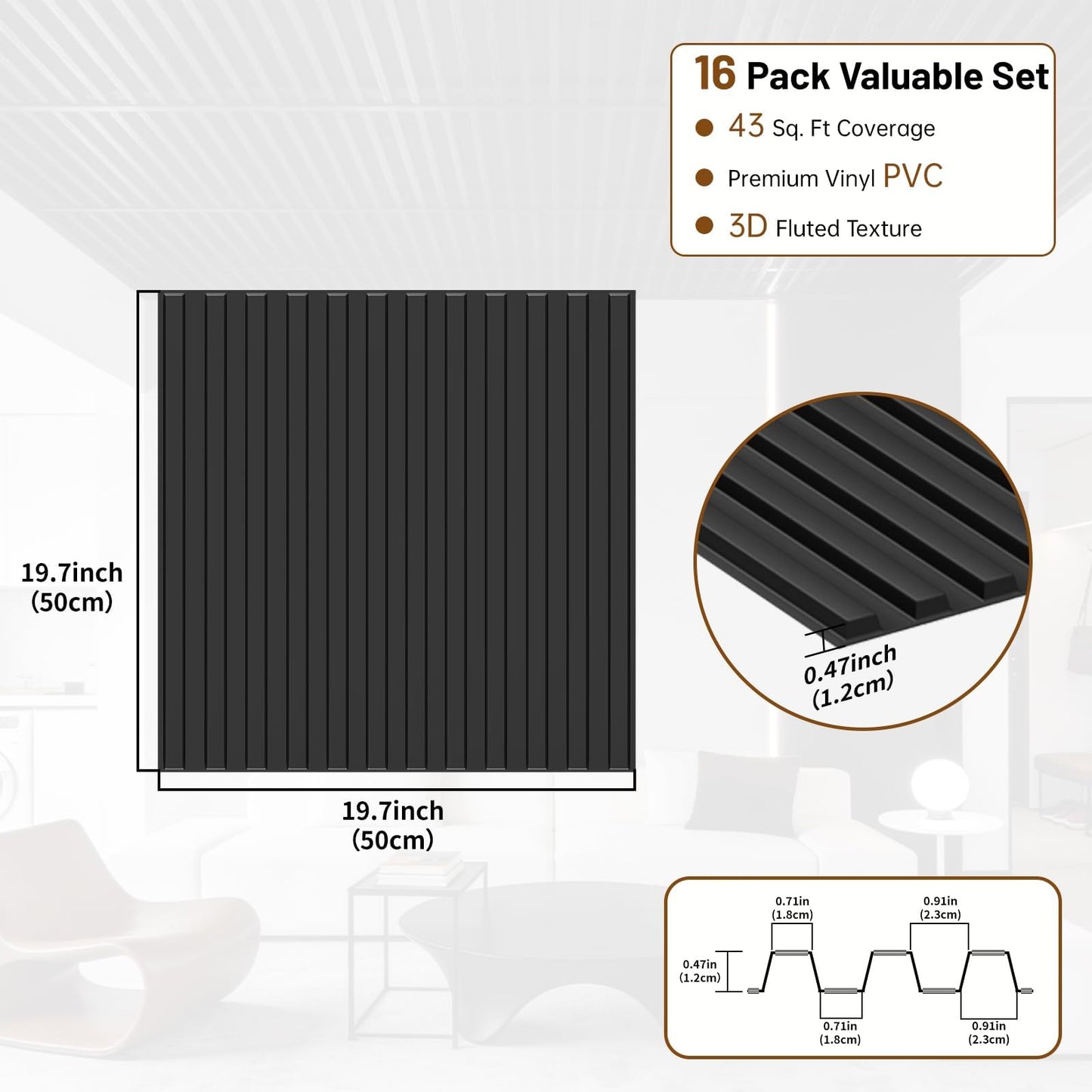 RITOLLO 16-Pack PVC Slat Wall Panels for Interior Wall Decor, 19.7 x 19.7in 3D Fluted Panels, Cuttable Drop Ceiling Tiles for Bathroom, Studio and TV Background, Water-Proof & Renter-Friendly(Black)