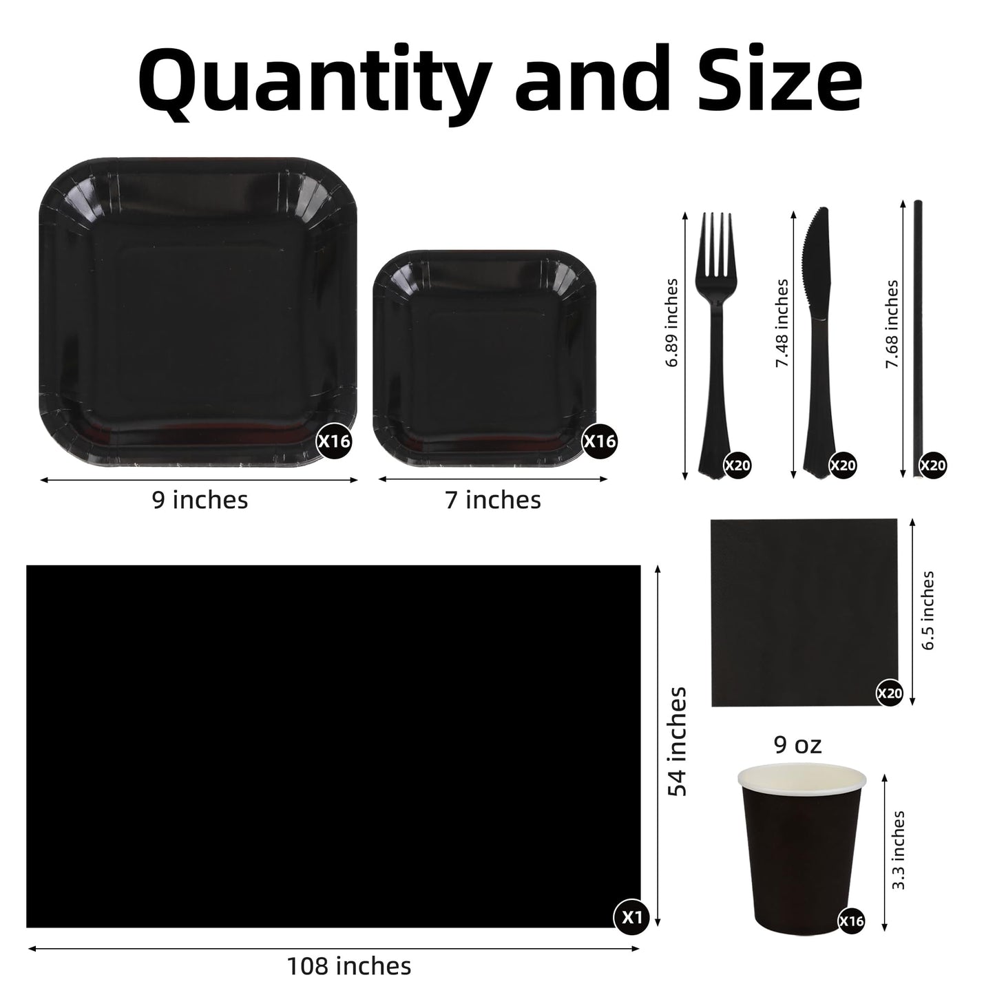 Oeeuyasn 129 PCS Black Disposable Dinnerware Set for 16 People, Party Supplies with 7"/9"Paper Plates, Cups, Napkins, Plastic Forks, Knives,Tablecloth for Wedding Birthday, Graduation, Festivals