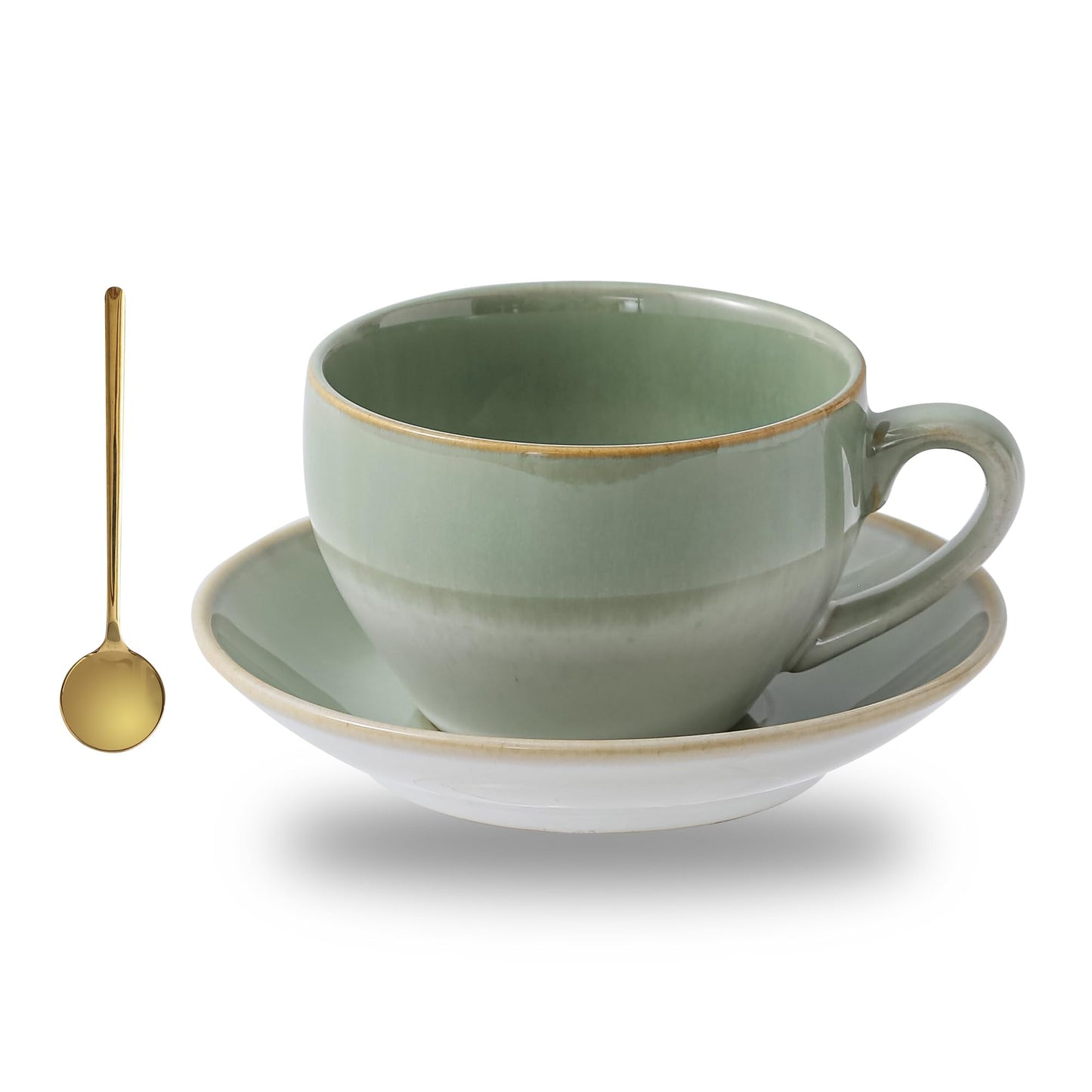 Tvvtuww Porcelain Coffee Cup with Saucer Spoon, Vintage Design Ceramic Latte Art Cappuccino Barista Espresso Tea Cup with Saucer (11.6 oz, 350ml, White Both Green)