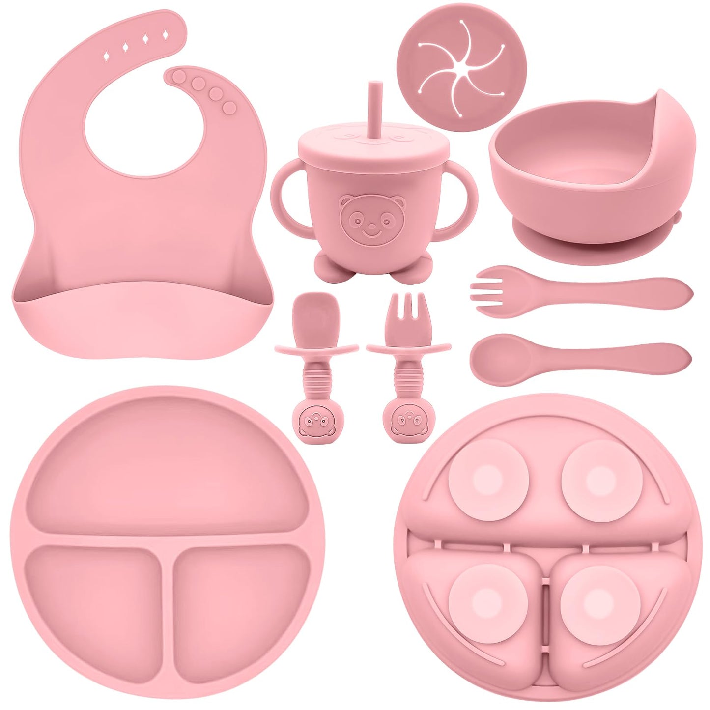 Munlinder Silicone Baby Feeding Set | Baby Led Weaning Supplies Includes Suction Bowls and Divided Plates, Adjustable Bib, Baby Utensils Spoons and Forks,Cup | Baby Feeding Essentials (Pink)