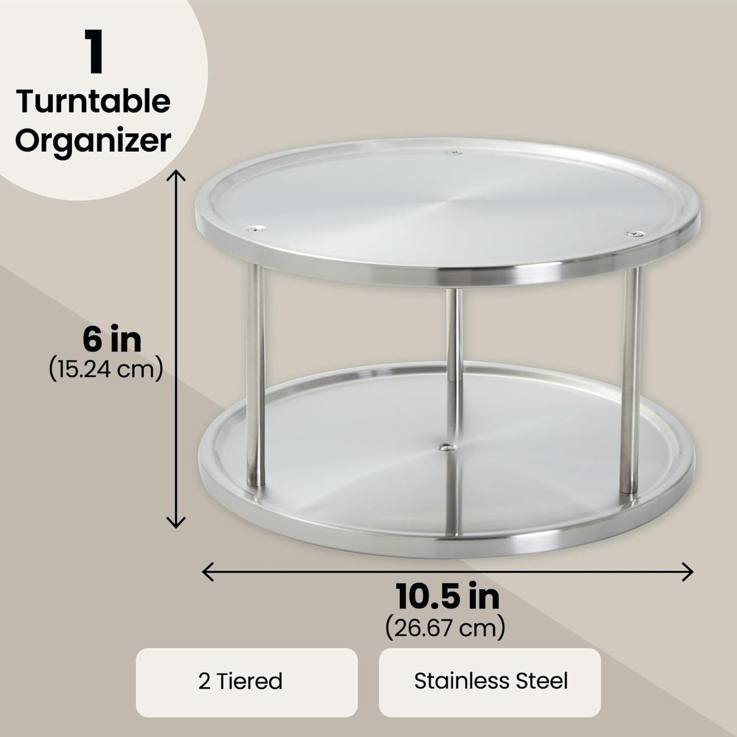 Juvale 2-Tier Lazy Susan Spice Rack Organizer for Cabinet - 10.5 in, Stainless Steel - Kitchen Countertop Organizer & Spice Carousel for Pantry Organization