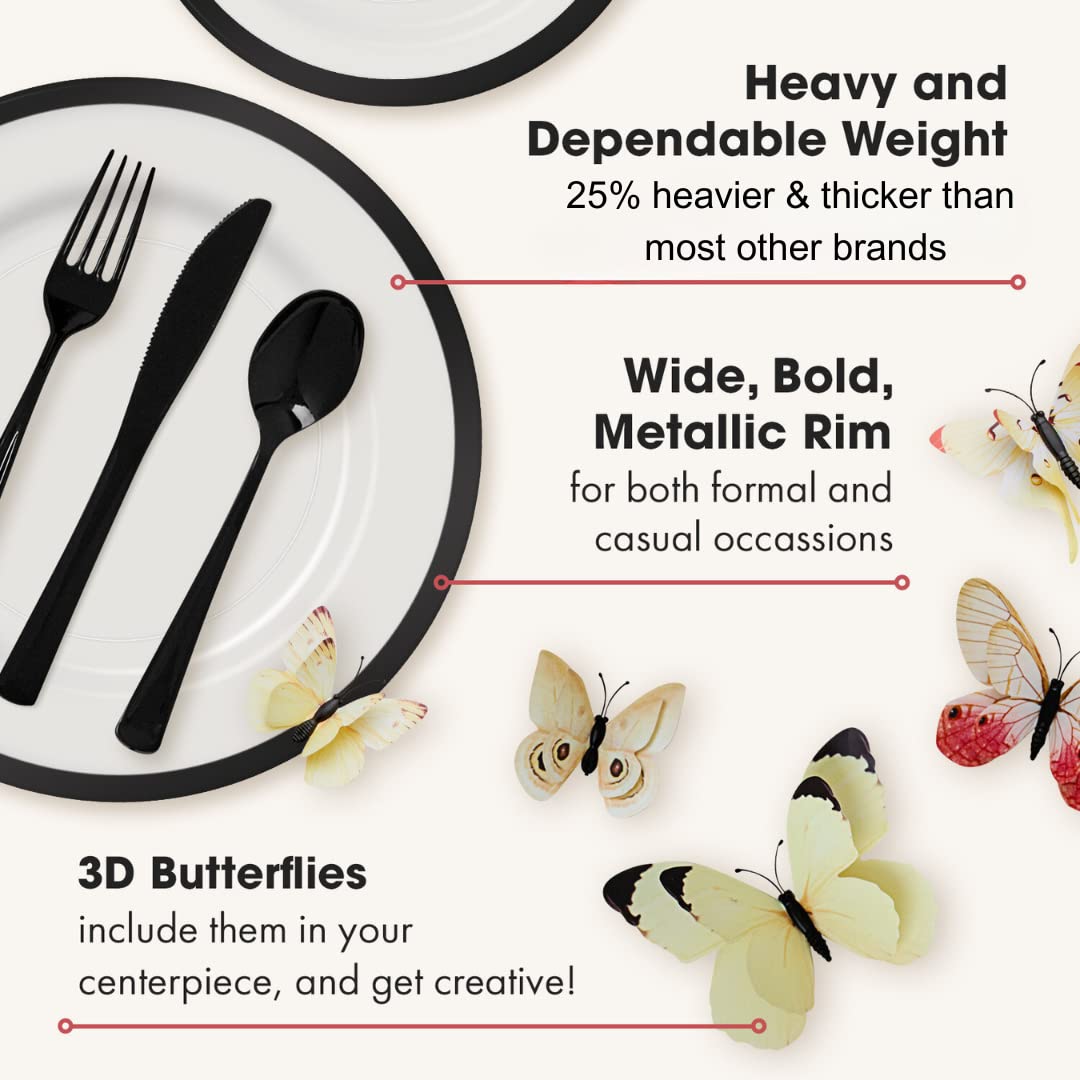 By Madee HEAVYWEIGHT 150 Pcs Clear and Black Plastic Plates and Utensils Set | Fancy Plastic Dinnerware Sets with Gift of 3D Butterflies for Table Decor (25 Guests)