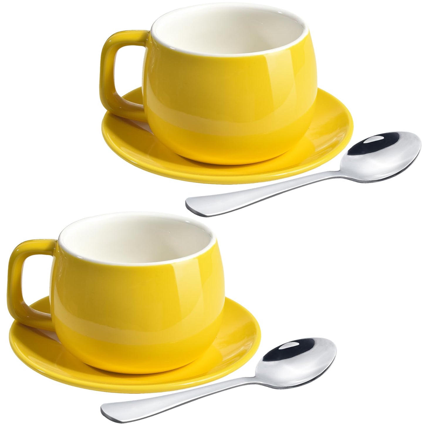 ionEgg Porcelain Coffee Cup with Saucers and Spoons 270ml/9oz for Latte, Cappuccino and Tea, Yellow, Set of 2