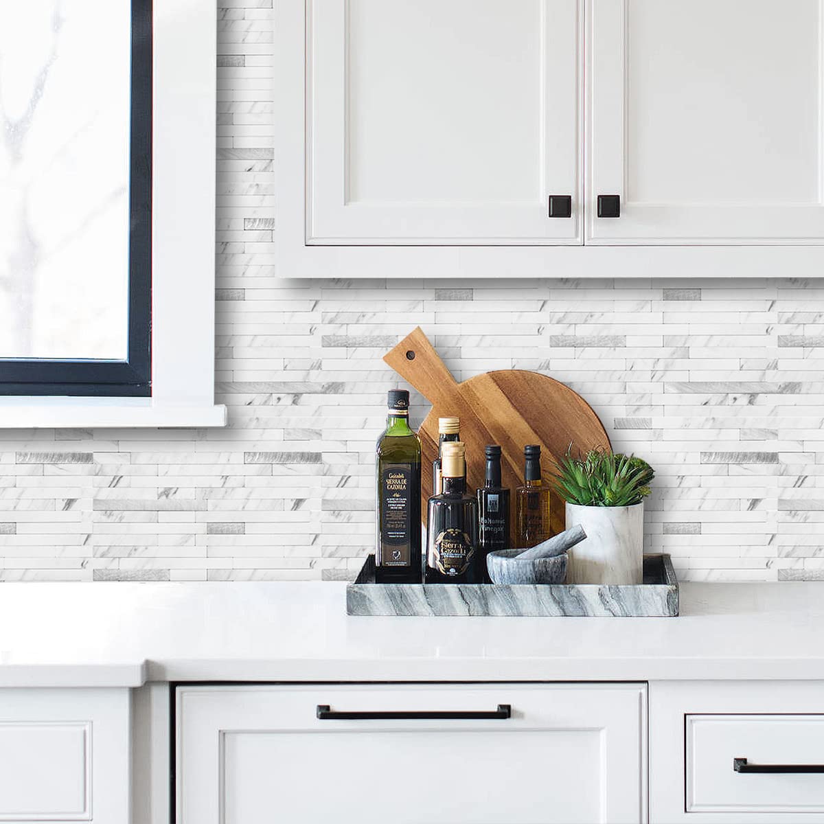 AULIGET 40 Sheets Faux Stone Peel and Stick Backsplash, White Marble Look PVC Wall Tiles Stick on Backsplash for Kitchen