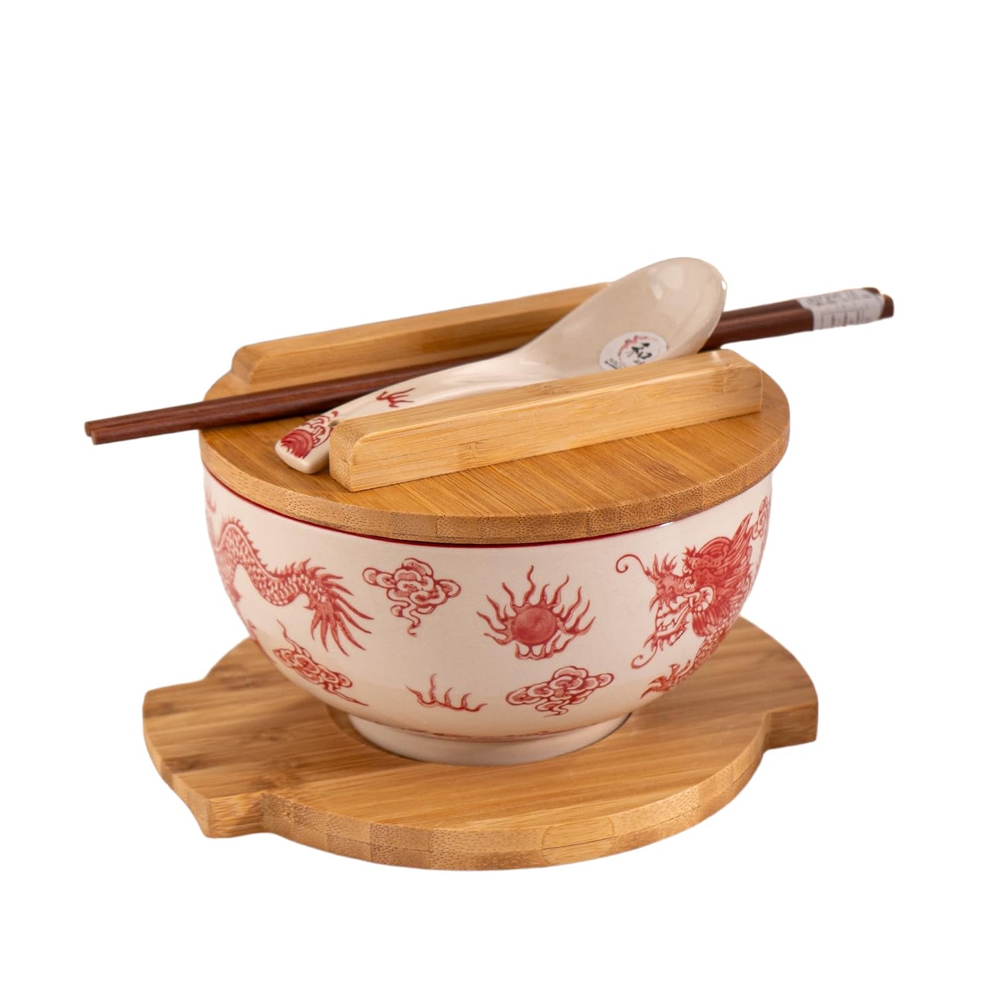 Urban Tokyo Japanese Kamameshi Style Ceramic Glazed Japanese Ramen Udon Pho Noodle Bowl With Spoon, Bamboo Lid, Chopsticks and Trivet 5 Piece Set (Red Dragon)