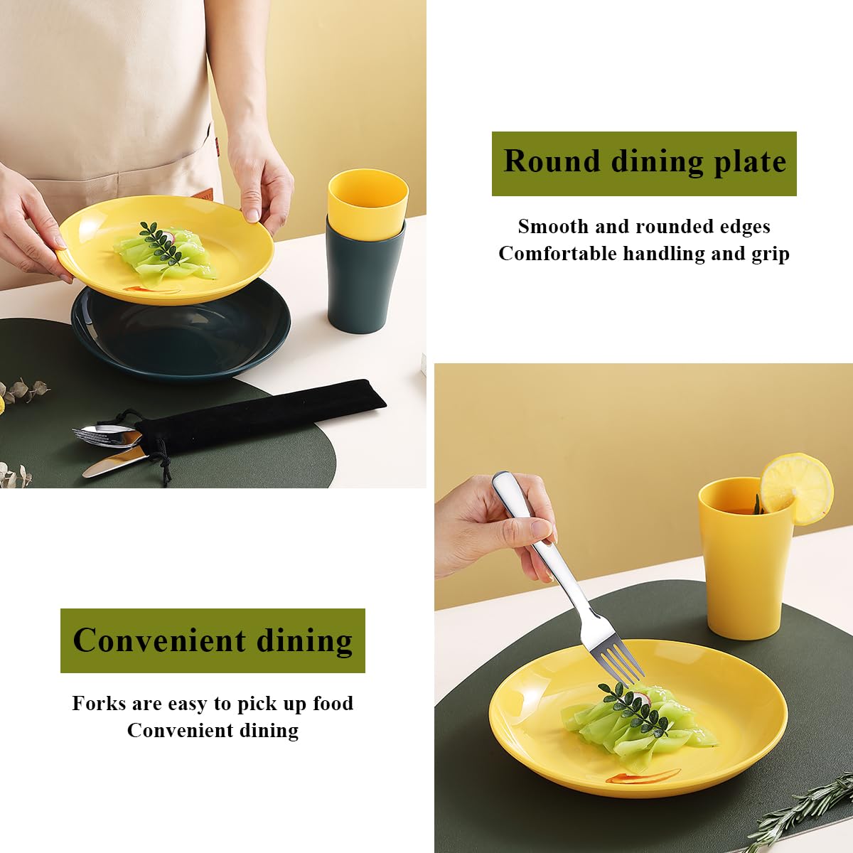 Evanda Camping Cutlery Set 10 Piece, Reusable Light Weight Mug, Plate and Stainless Steel Cutlery Set with Black Bag, for Camping 2 Person, Dishwasher Safe