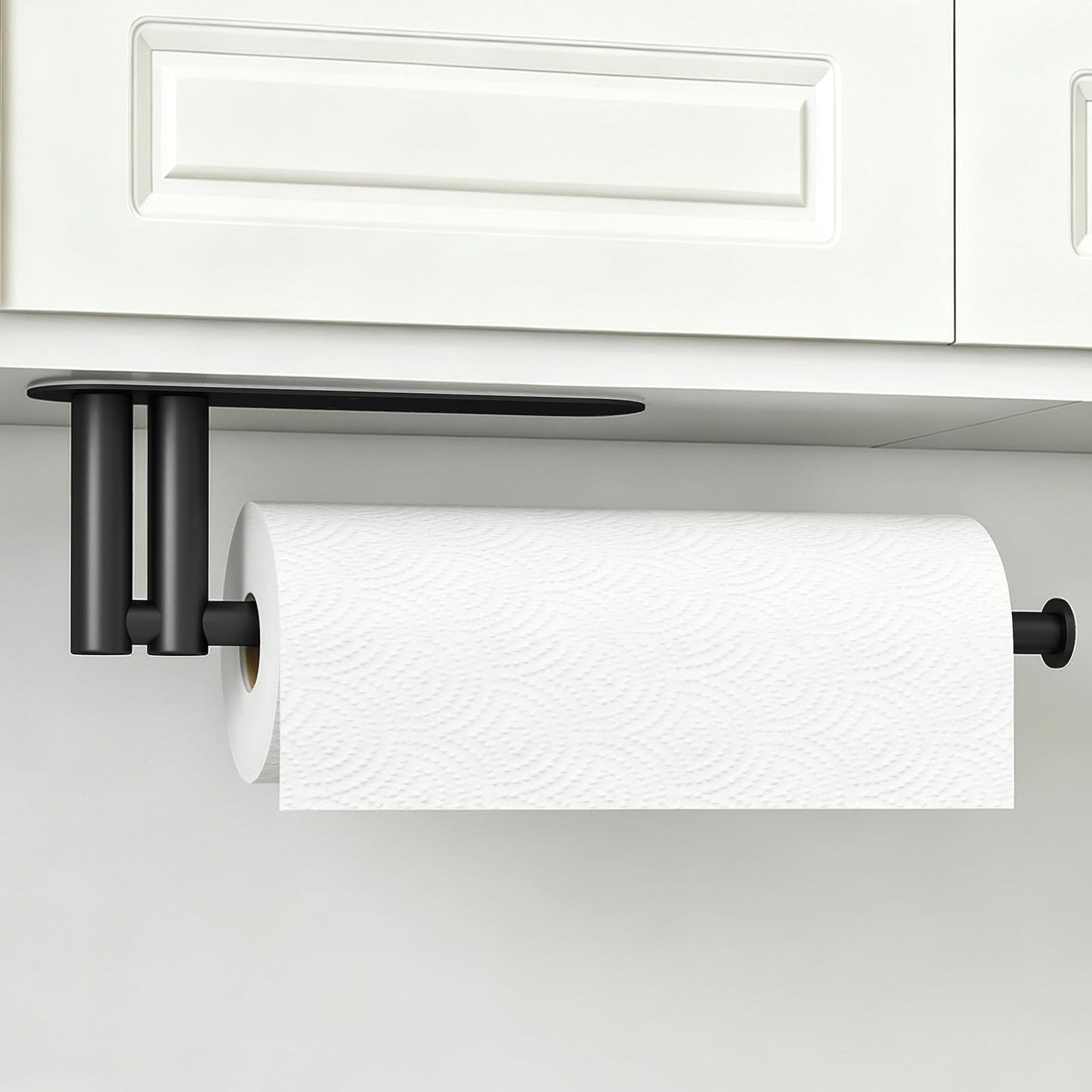 Paper Towel Holder Under Cabinet, Upgraded Dual-Rod Adhesive Paper Towel Holder with Longer Base, Stainless Steel Wall Mounted Holder for Kitchen Towels, No Drill, Black