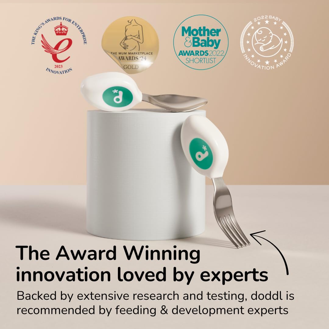 doddl Toddler Utensils, Ergonomic Fork and Spoon Set for Self Feeding, Stainless Steel Silverware for 1-3 Year Olds, BPA Free, Dishwasher Safe (Aqua)
