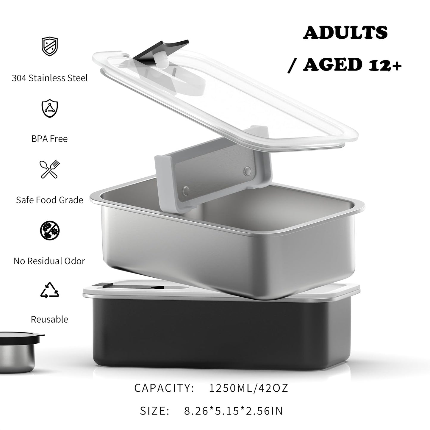 Bakpoco Stainless Steel Bento Lunch Box for Adult, 42oz Leak-Proof Lunch Box Containers, Microwave-Safe, with Adjustable Divider, Convenient Metal Lunchbox for Work, Travel