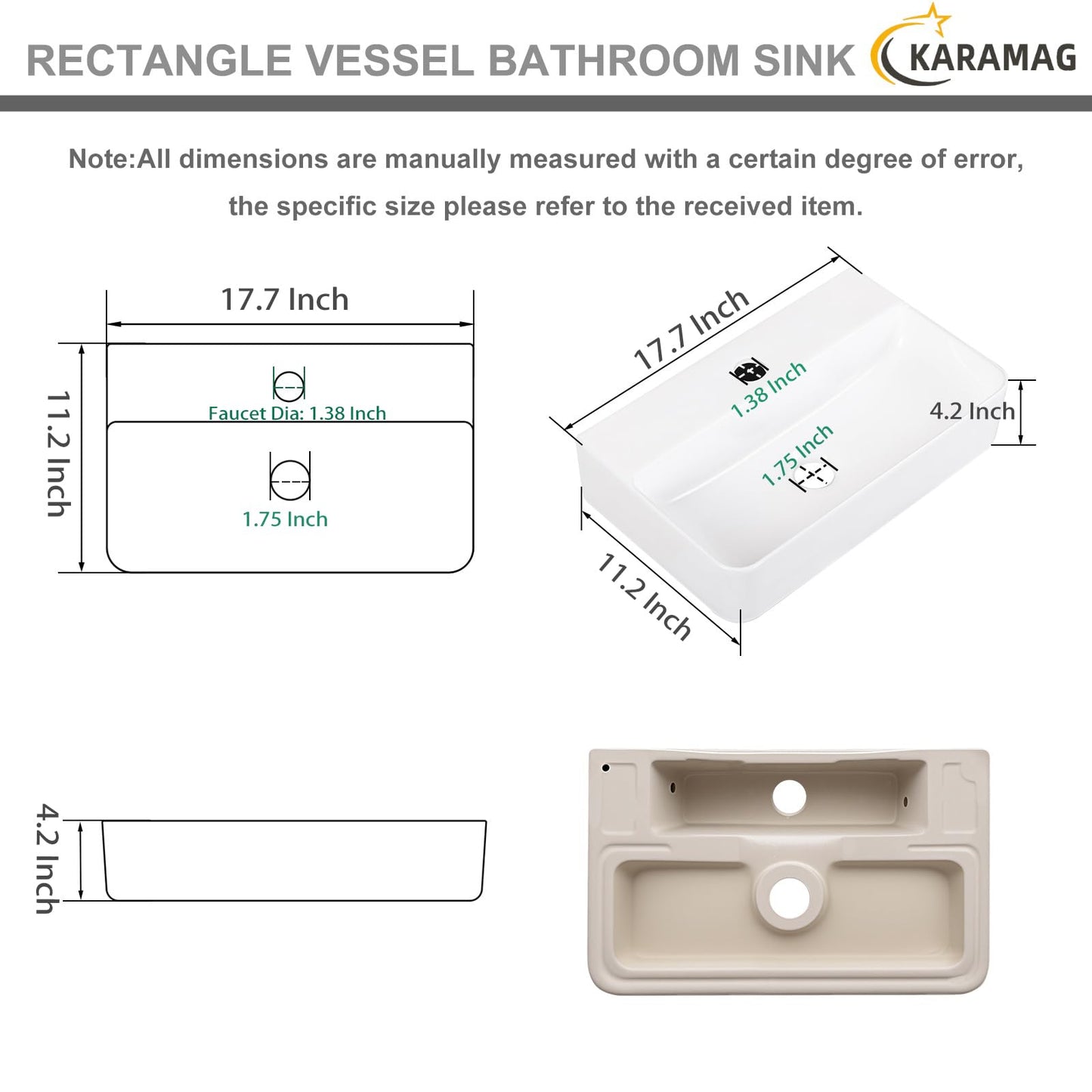 KARAMAG Small Vessel Sink 17.7"x11.2" Wall Mount Bathroom Sink Rectangular White Porcelain Ceramic Floating Tiny Bathroom Wall Mounted RV Sink