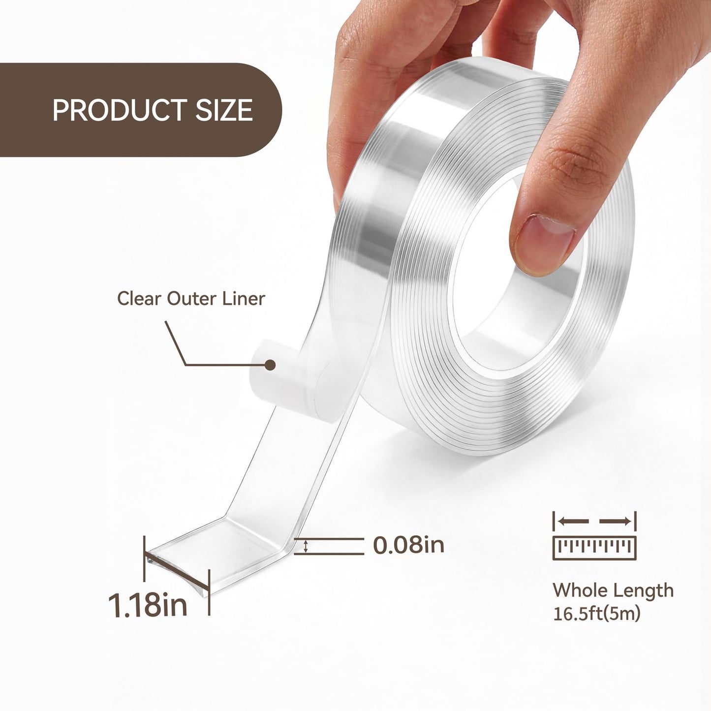 Comix Double Sided Tape Heavy Duty, 1.18" x 197"(16.4ft), Removable Washable Nano Tape, Residue-Free, Multipurpose Reusable Gel Mounting Tape, 1 Roll