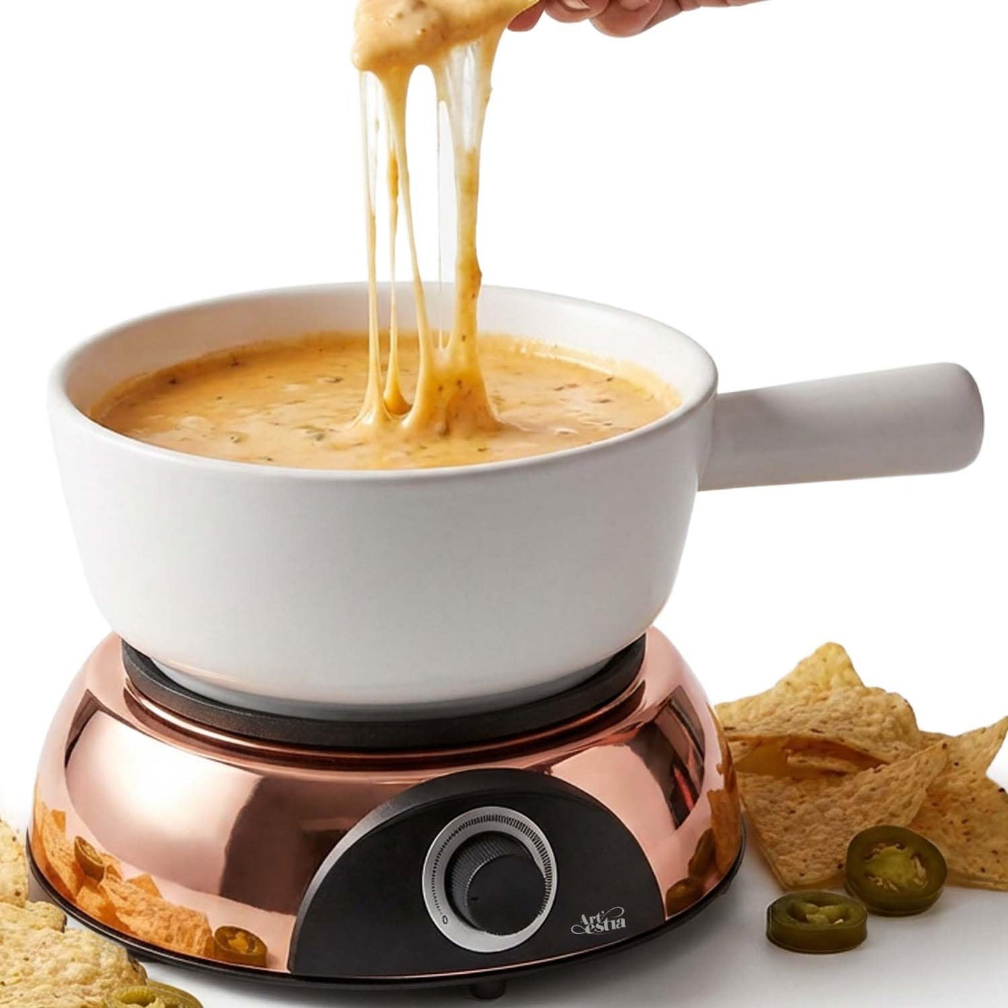 Artestia Electric Dip Warmer & Fondue Pot with Adjustable Temperature – Multi-Purpose Cheese Dip, Queso, Nacho Cheese Sauce, Gravy, Broth Fondue & Hot Fudge Warmer for Parties, White