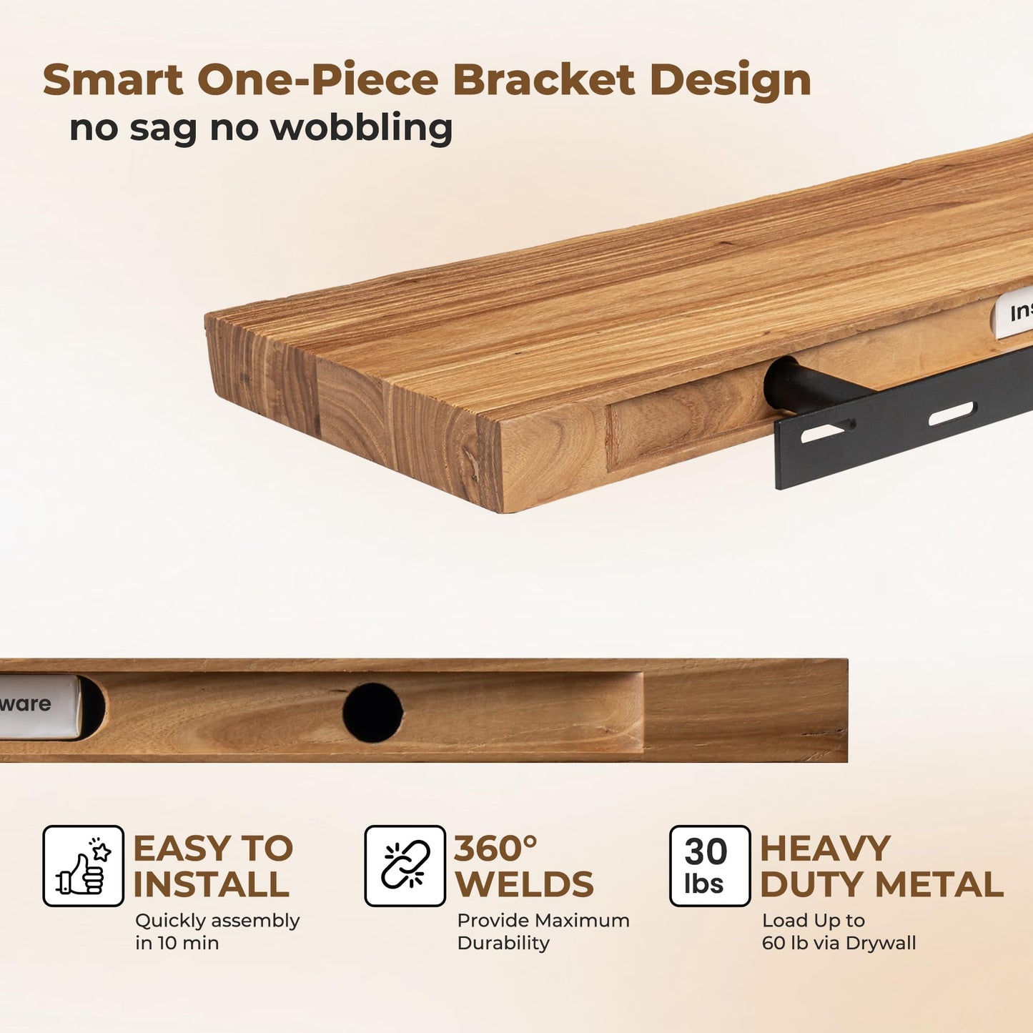 Axeman 30 inch Floating Shelves for Wall - 8'' D Live Edge Rustic Solid Elm Wood Floating Shelves Wall Mounted, Wall Shelves with Invisible Bracket for Living Room Bedroom Kitchen, Set of 2 Natural