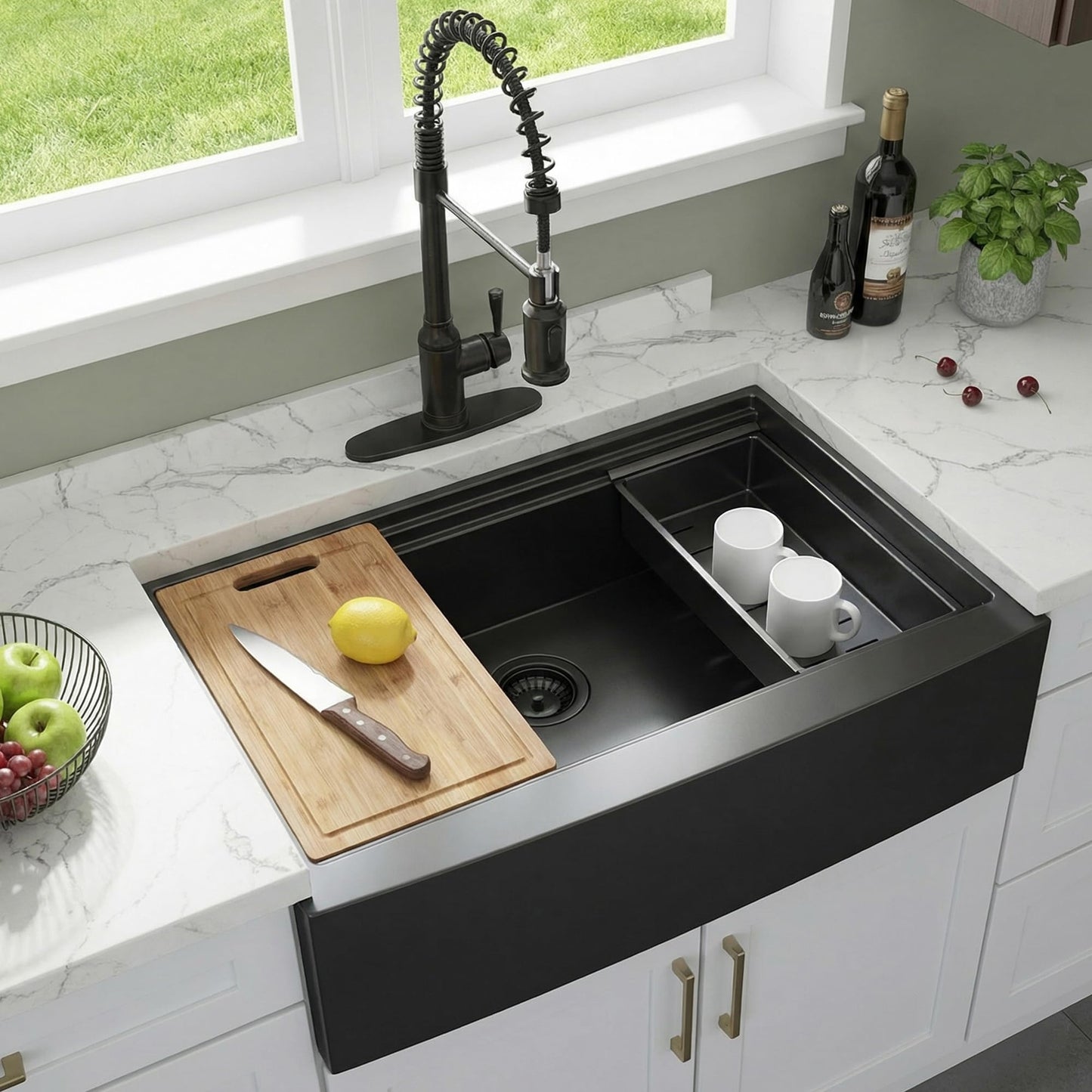 KINGO HOME 33 inch Black Farmhouse Sink, 16 Gauge Double Ledges Stainless Steel Farmhouse Kitchen Workstation Sink, All In One Apron Front Deep Single Bowl Kitchen Farm Sytle Farmer Sinks 33"x20"x9