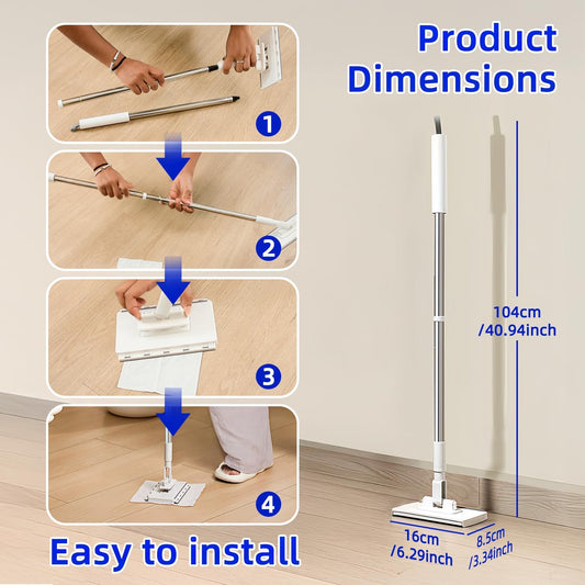 Press Grip Mini Mop, Zero-Touch Gap Dust Cleaner with 39in Lazy Mop & Hands-Free Lock Head, Disposable Dust Mop for House Wall Bathroom Toilet Corners Multi Surface Cleaning with 5 Cloths