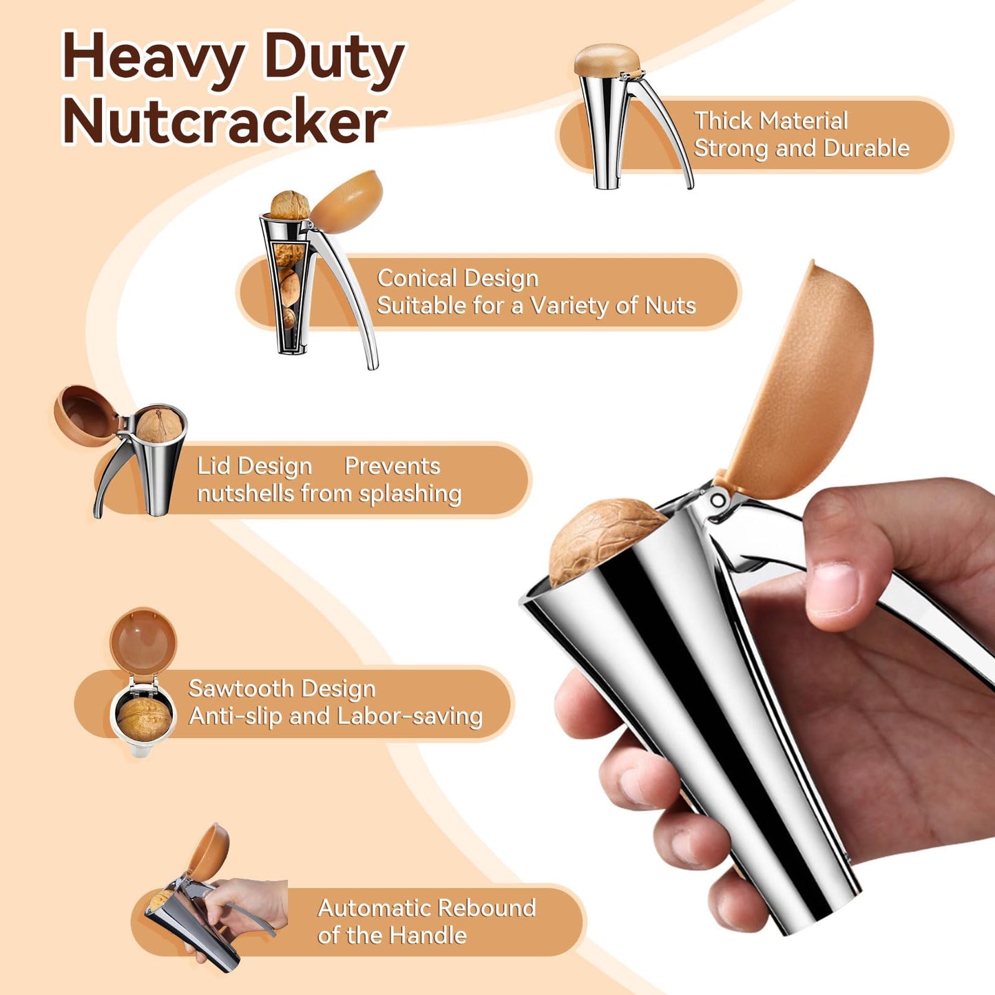 Nut Cracker, Heavy Duty Nutcracker with Splash-Proof Lid, Walnut Cracker Tool with Ergonomic and Self-Retracting Handle -Cracks Large to Medium Sized Nuts With Little Effort