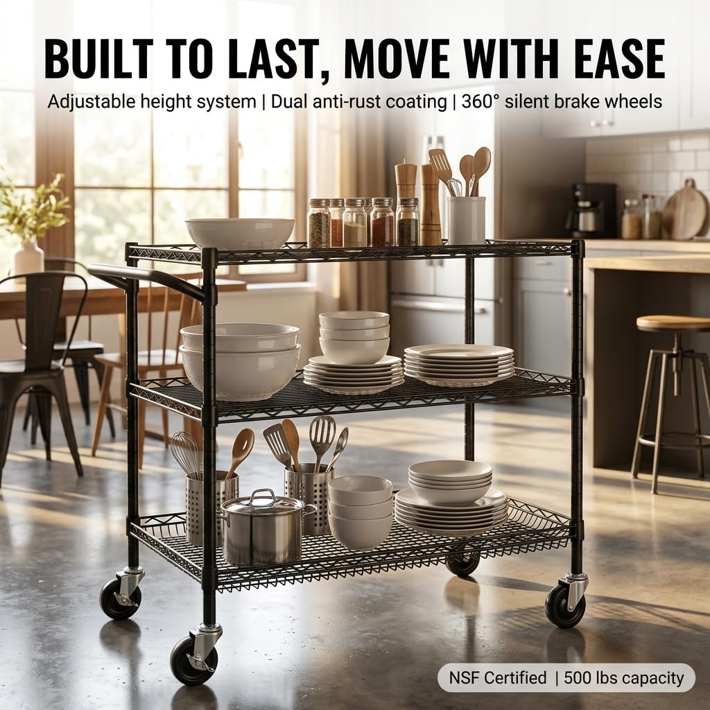 Finnhomy 3 Tier Heavy Duty Commercial Grade Utility Cart, Wire Rolling Cart with Handle Bar, Steel Service Cart with Wheels, Kitchen Carts on Wheels, Metal Cart Shelf Size 18" D x 36" W, NSF, Black