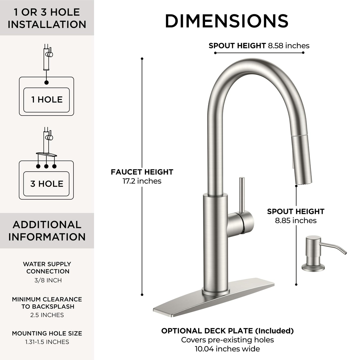 FORIOUS Kitchen Faucet with Soap Dispenser, Modern Brushed Nickel, Single Handle High Arc Stainless Steel Kitchen Sink Faucet with Pull Down Sprayer, 1 or 3 Hole Deck Mount for RV, Laundry, Outdoor