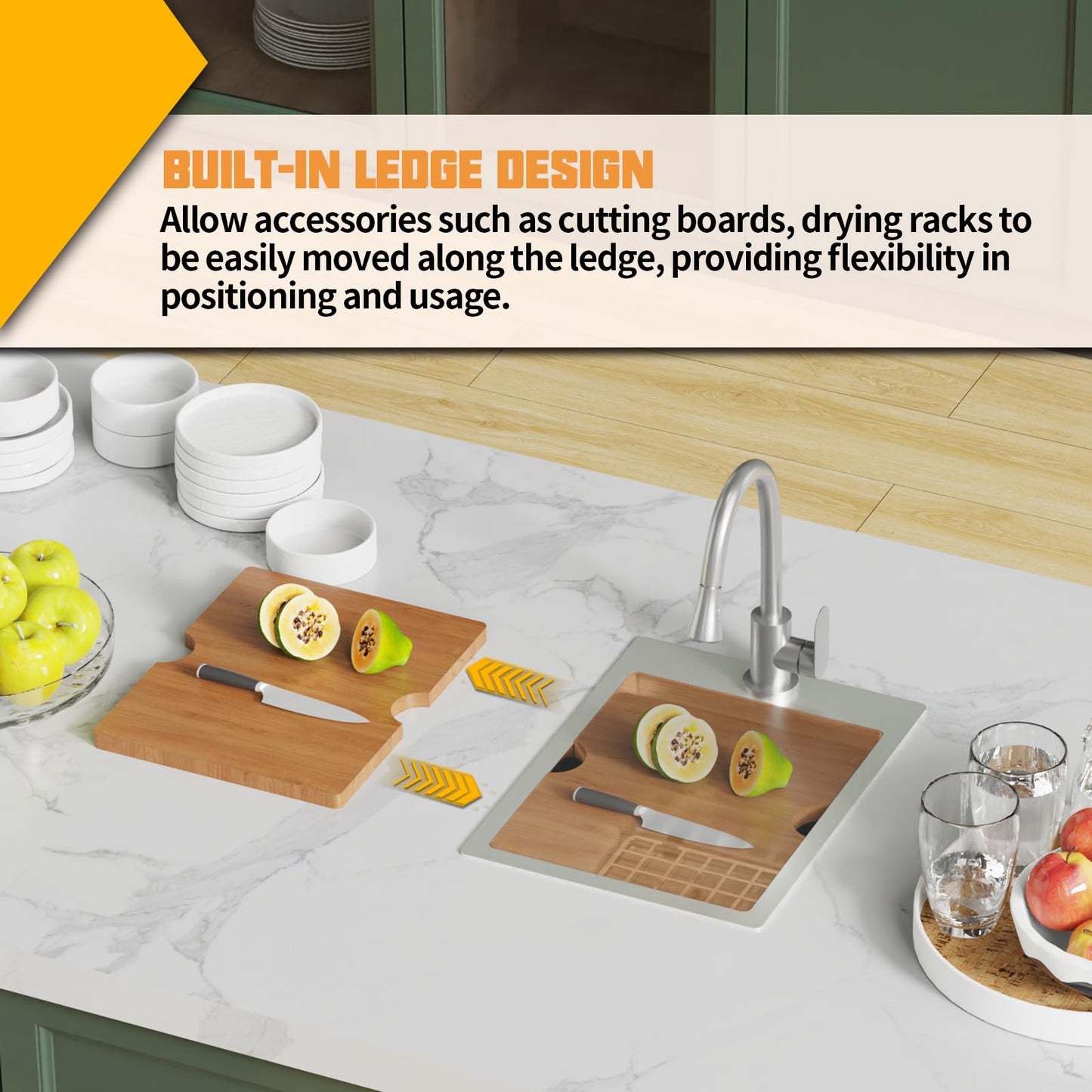 15x20In Kitchen And Bar Workstation Sink- Small Stainless Steel Drop In Single Bowl Bar Sink Built-in Ledge Topmount Workstation Sink With Accessory-SS Grid Cutting Board,Silicon Mat,Drain Assembly