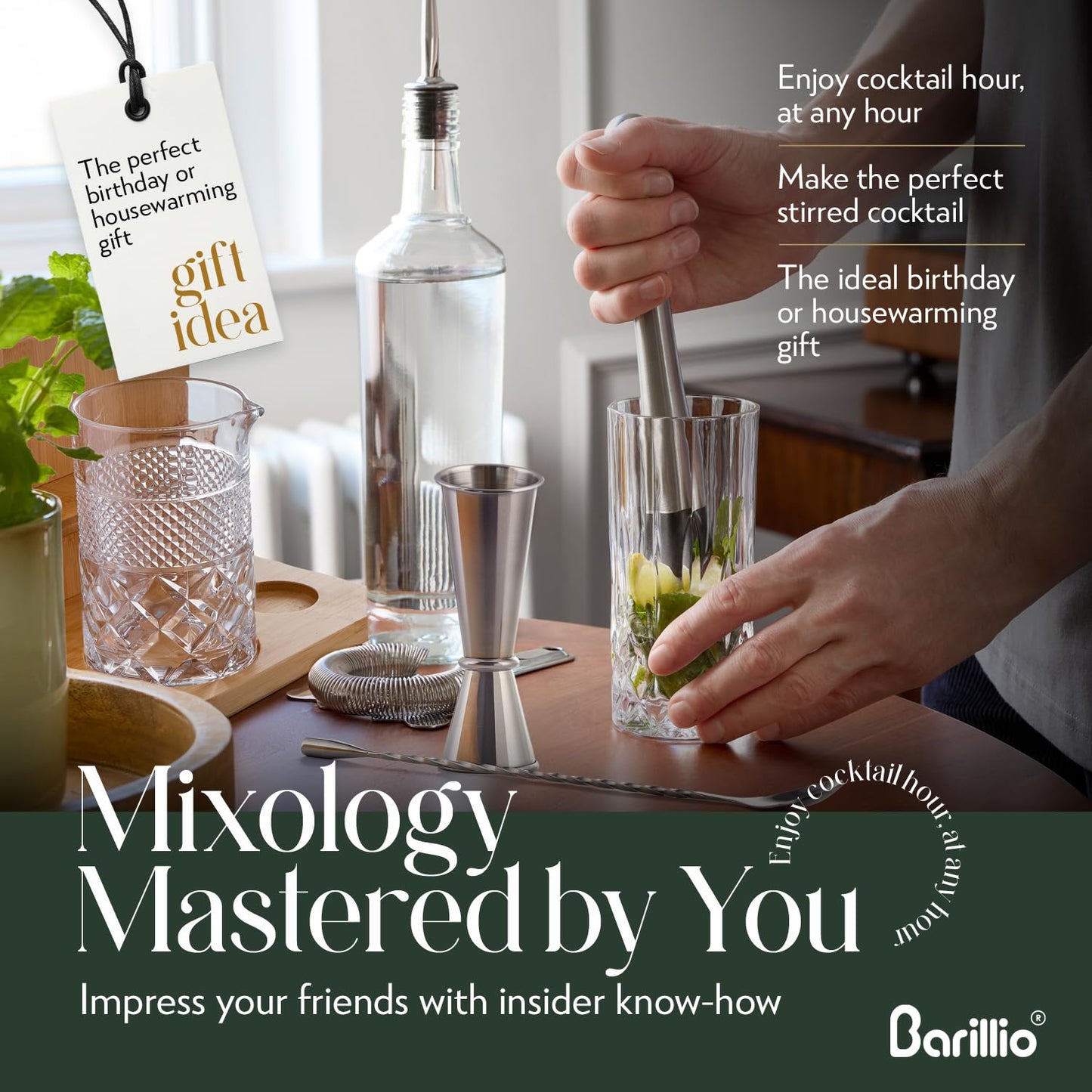Barillio 24 Oz Crystal Cocktail Mixing Glass with Bamboo Stand & Bar Tools | Seamless Lead-Free Crystal, Weighted Base Stirring Pitcher | Including Muddler, Mixing Spoon, Jigger and Strainer