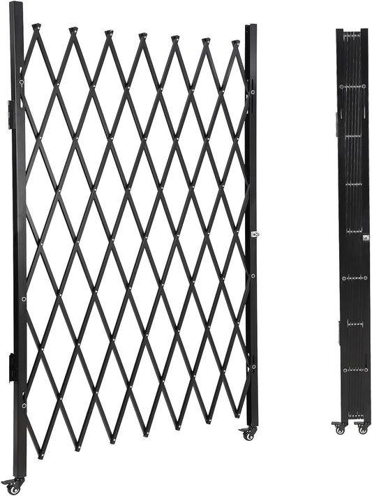 SierraSquad Single Folding Security Gate 85" H x 95" W, Steel Expandable Fence with 360° Rolling Wheels for Courtyard, Garage, and Garden Access Control