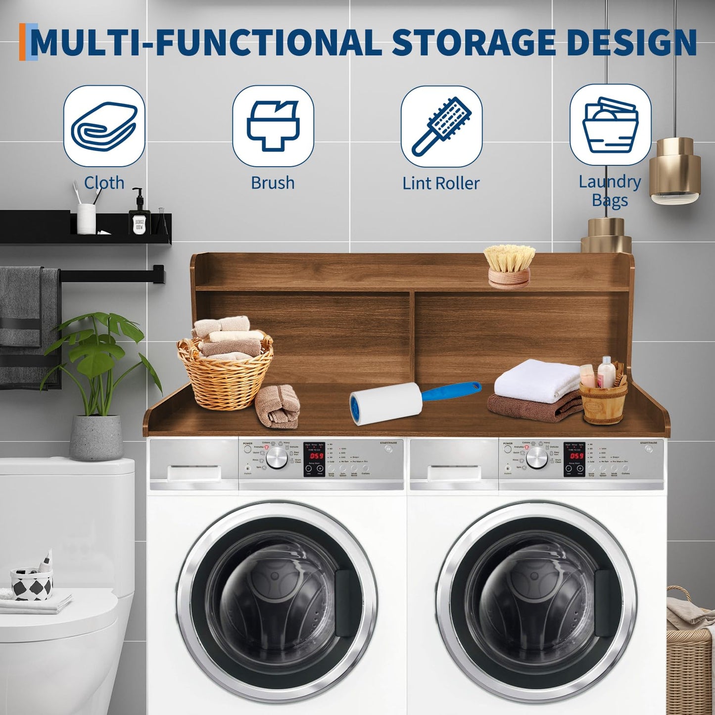 Washer Dryer Countertop with Shelves, 54" x 27.55" 2-Tier Wood Laundry Countertop with 2.75" Edge Rails and Non-Slip Pads, Washer and Dryer Topper for Laundry Room Organization, Walnut Brown