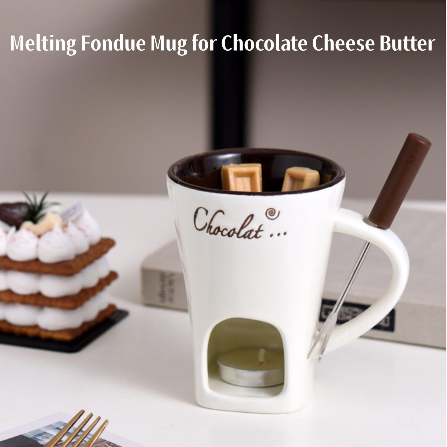 Fondue Cup, Chocolate Melting Fondue Mugs Set of with Forks and Candle, Ceramic Chocolate Melting Cup, Mini Chocolate Fondue Cups Set For Date Night Birthday Wedding Gifts (Red)