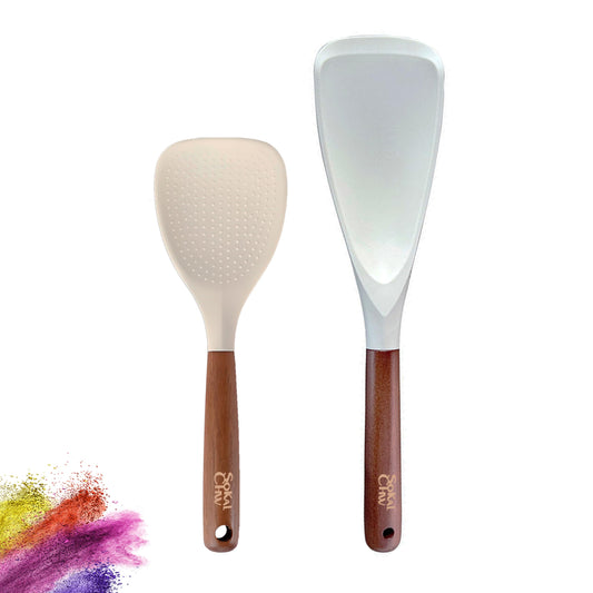 SoKalChw Spatula Spoon and Rice Spoons with Wooden Handle, Food Grade Silicone Great for Cooking, Mixing, Scooper, Scrape, Non stick Heat Resistant (white - Rice set 2 pcs)