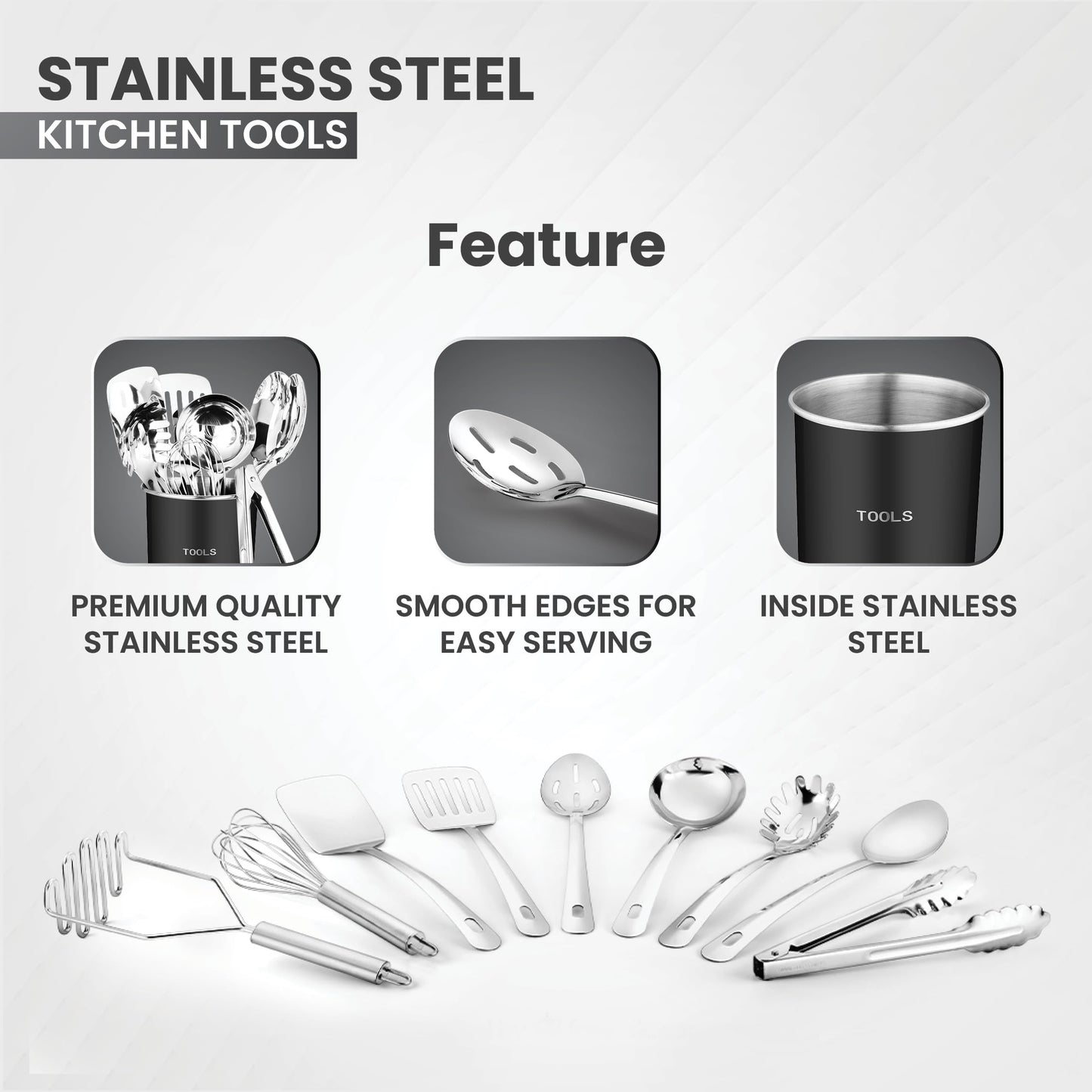 Avador® Premium Set of 10 Stainless Steel (BLACK HOLDER) Kitchen Tool Set with Holder Easy To Clean, Space Saving, Great for Cooking, Baking, Prepping (BLACK)