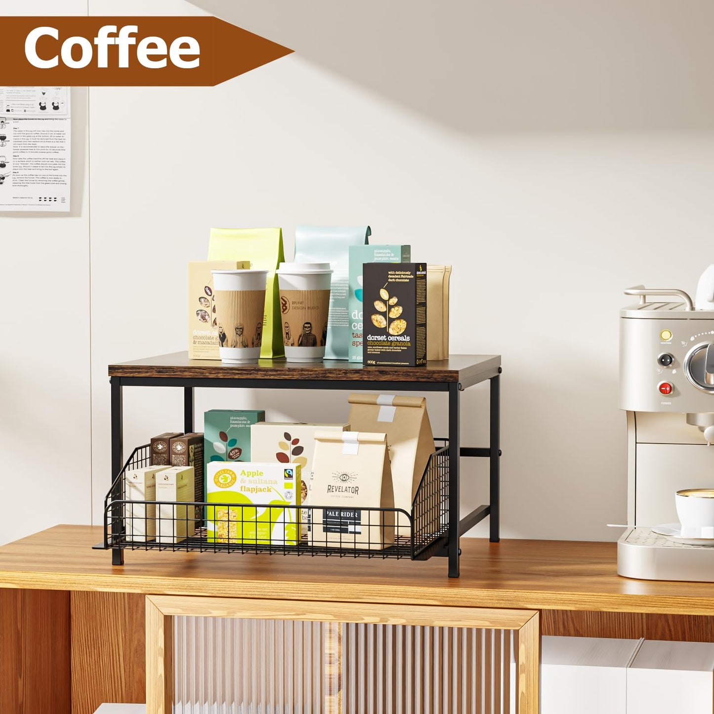 KLM Pull Out Spice Rack Organizer for Cabinet,Rustic Wood Top with Wire Basket Storage,Kitchen Countertop Organizer and Storage for Pantry, Counter top,Coffee Station Wood. (Brown)