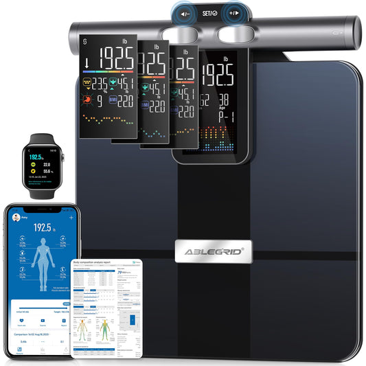 ABLEGRID 8-Electrode Digital Smart Bathroom Scale for Body Weight and Fat Percentage,Full Body Composition Analyzer with Gradient Trends Display,12.2" Platform Handle BMI Weighing Machine,400lb