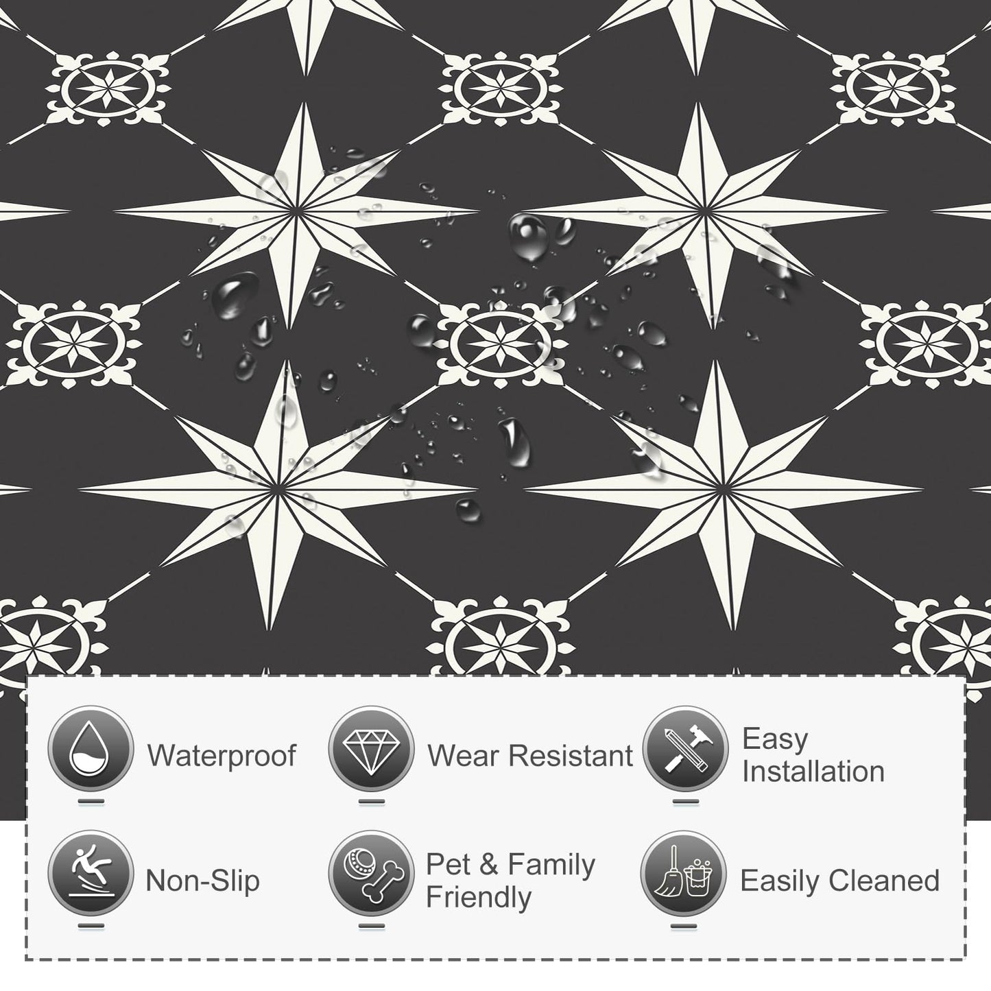 MORCART Peel and Stick Floor Tile - 40 PCS, 7.87" x 7.87" Vinyl Flooring - Waterproof Self-Adhesive Tile Sticker for Bathroom, Kitchen, Living Room, Bedroom - Black and White/Retro Floral Look