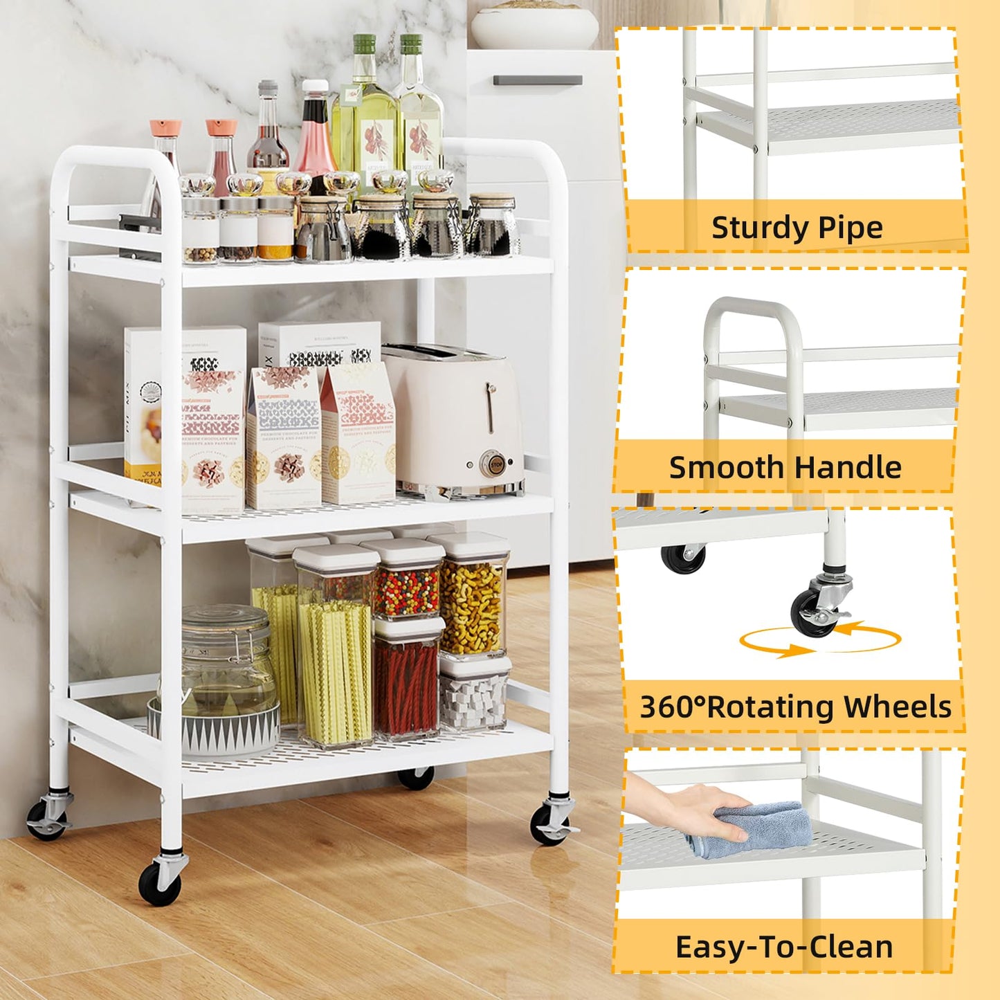HDANI 3 Tier Rolling Cart,Heavy Duty Multifunctional Metal Frame-Supports 22 Lbs Per Tier,Rolling Cart with 2 Lockable Wheels for Office,Home,Bedroom,Kitchen,Bathroom (White)…