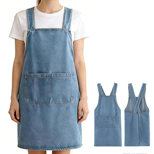 CCJHLYX Adult Jour Apron, Lightweight Cotton Apron with Front Pocket, Denim Cross Back Aprons, Durable & Stain-Resistant (Light Blue)
