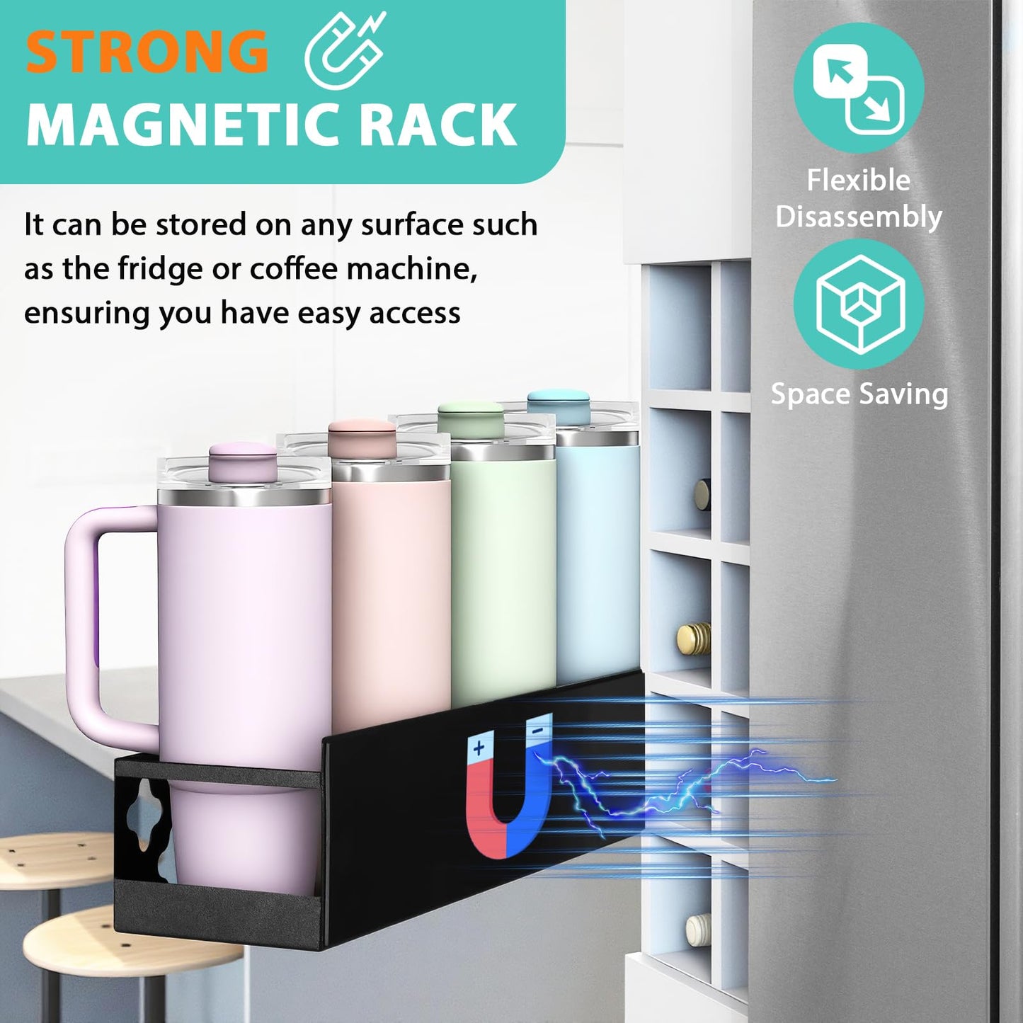 Magnetic Water Bottle Organizer for Fridge, Cup Holder for Stanley 30 40 Oz with Tumbler Lid & Straw & Paper Towel Holder, 8 Tumblers Kitchen Storage Rack for Stanley Cup Accessories, Space-Saving