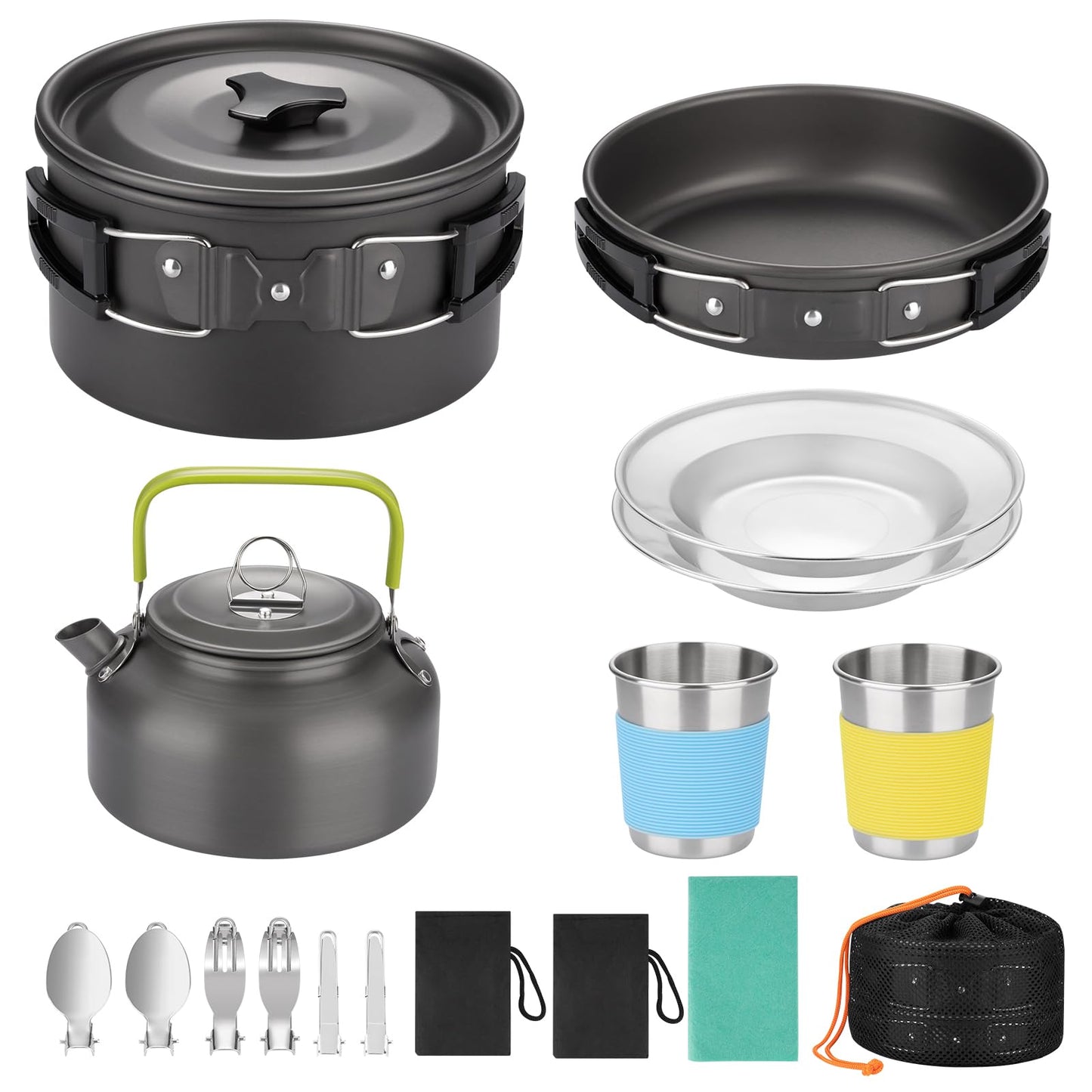 17pcs Camping Cookware Kit, Aluminum Non-Stick Pot, Pan and Kettle Set with 2 Set Stainless Steel Cups Plates Forks Knives Spoons for Backpacking and Hiking Camping