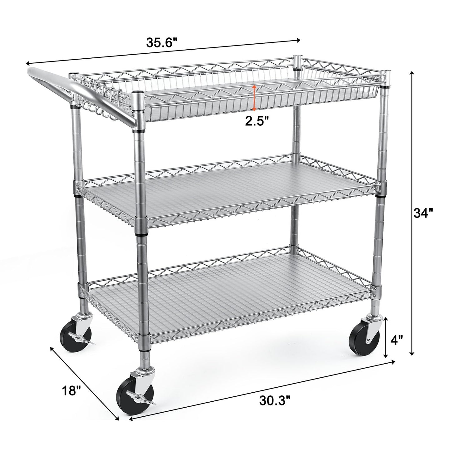BolDuck Heavy Duty Utility Cart, 990Lbs Capacity 3 Tier Rolling Carts with Wheels, Kitchen Cart on Wheels with Storage, Commercial Grade Metal Serving Carts with Wire Shelving &Handle Bar, Silver