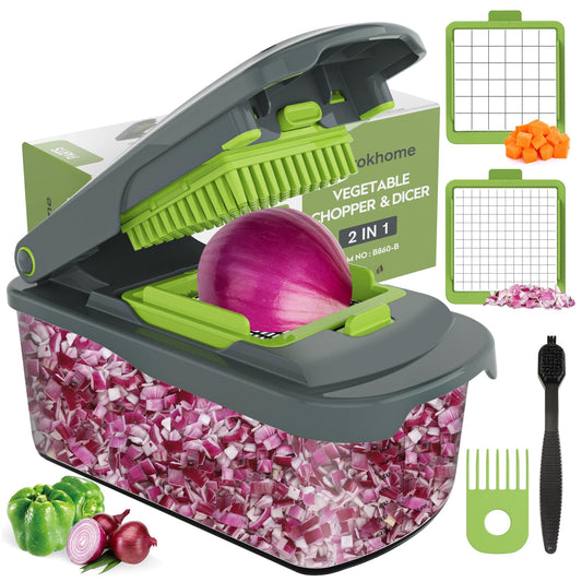 Ourokhome Vegetable Chopper Cutter with Container, Manual Hand Food Veggie Dicer with 2 Chopping Blades for Potato Strips, Onion Cubers, Carrot Sticks, Essential Kitchen Gadgets (2 in 1, Gray)